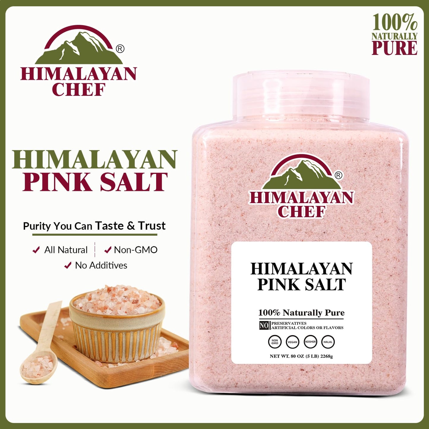 Himalayan Chef Pink Himalayan Salt, Fine Grain - 5 lbs, Organic Food Graded Pink Salt with 84 Rich Minerals, Vegan, Kosher, Non-GMO & Halal Certified, Pack of 2