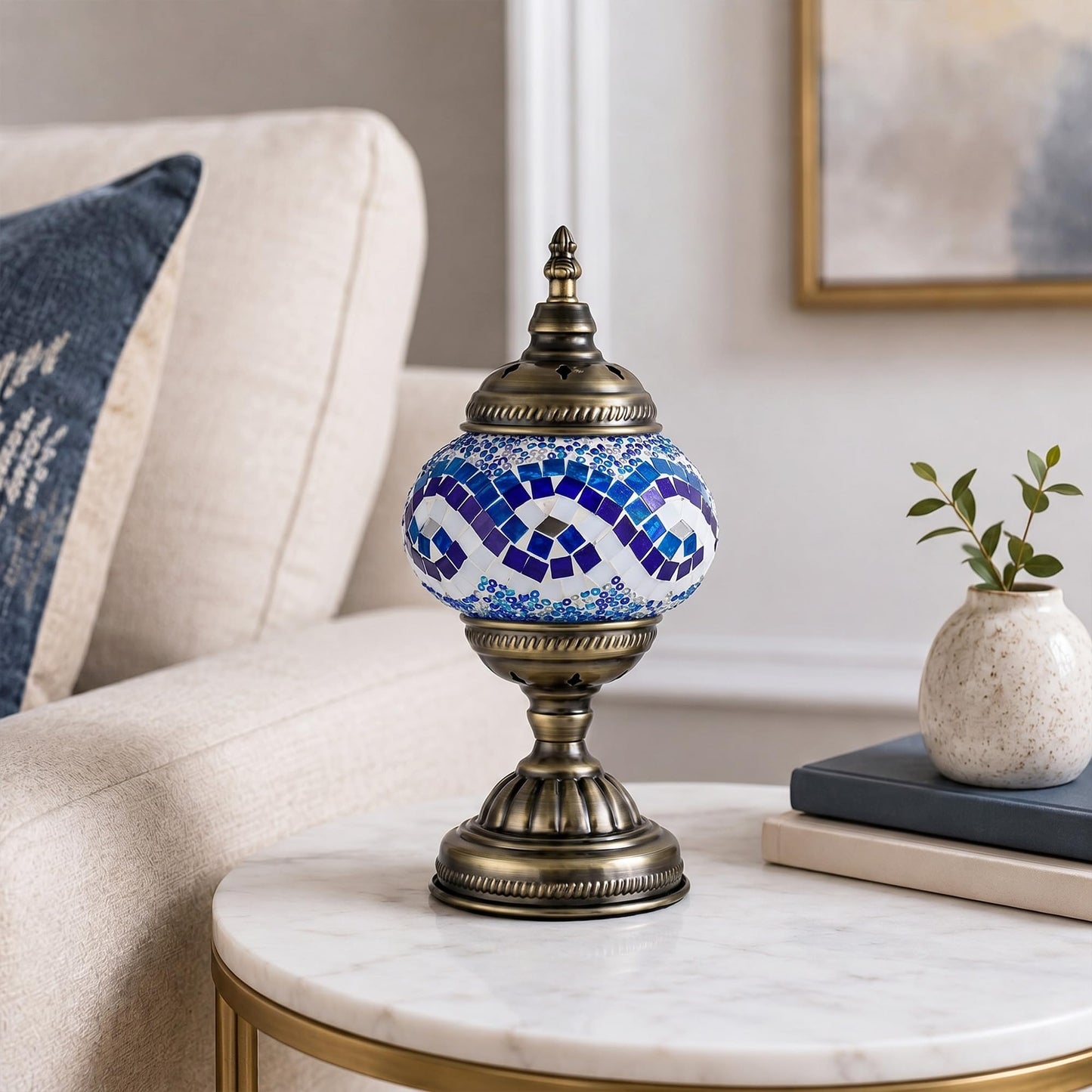 GOGERS Turkish Moroccan Table Lamp Lantern with Handmade Mosaic Glass Lampshade Tiffany Style Bohemian Stained Glass Decorative Desk Lamps Bedside Night Lights for Bedroom (White Multiple Blues)