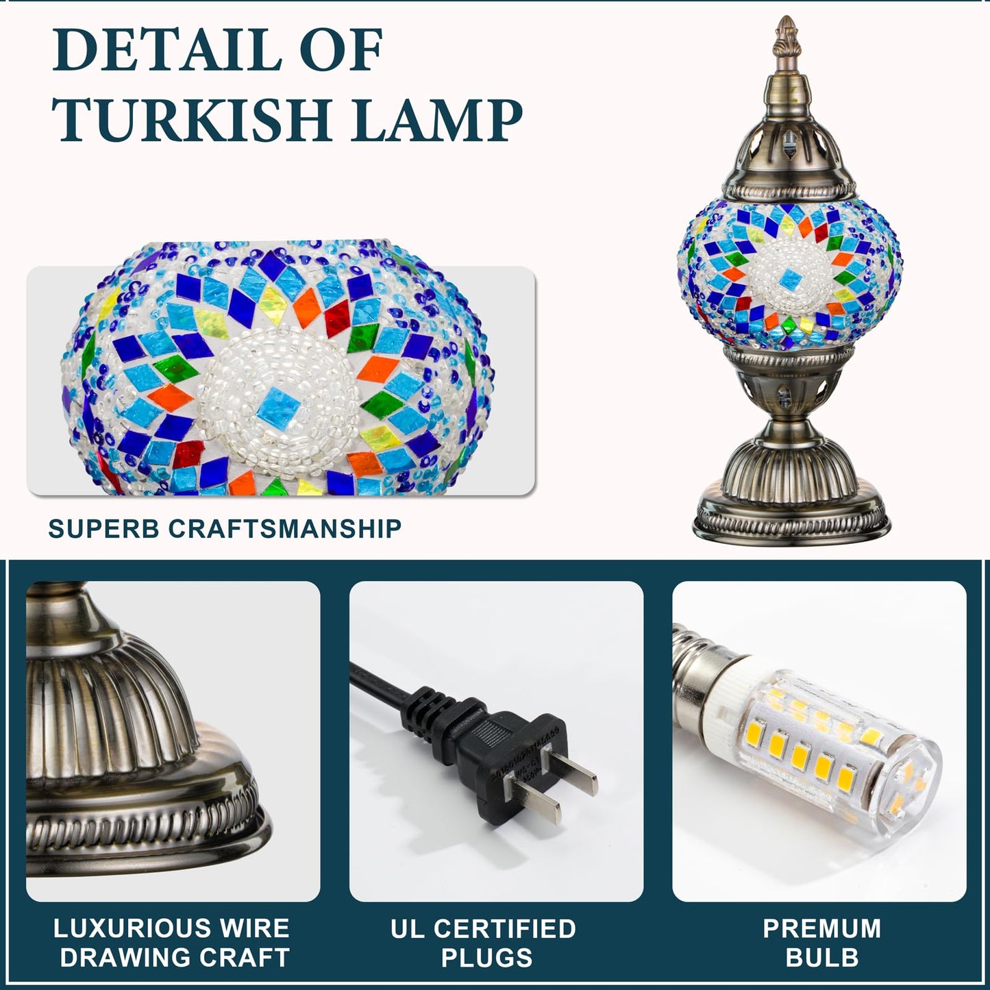 Marrakech Turkish Table Lamp with Bronze Base，Handmade Blue Moroccan Tiffany Style Mosaic Glass Night Stand Light Fixture Including LED Bulb for Living Room Bedroom Decor (Blue)