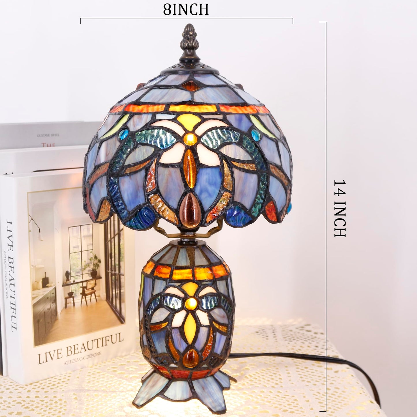 TCODTPOL Small Tiffany Stained Glass Table Lamp 8X14 Inches (Blue Purple)