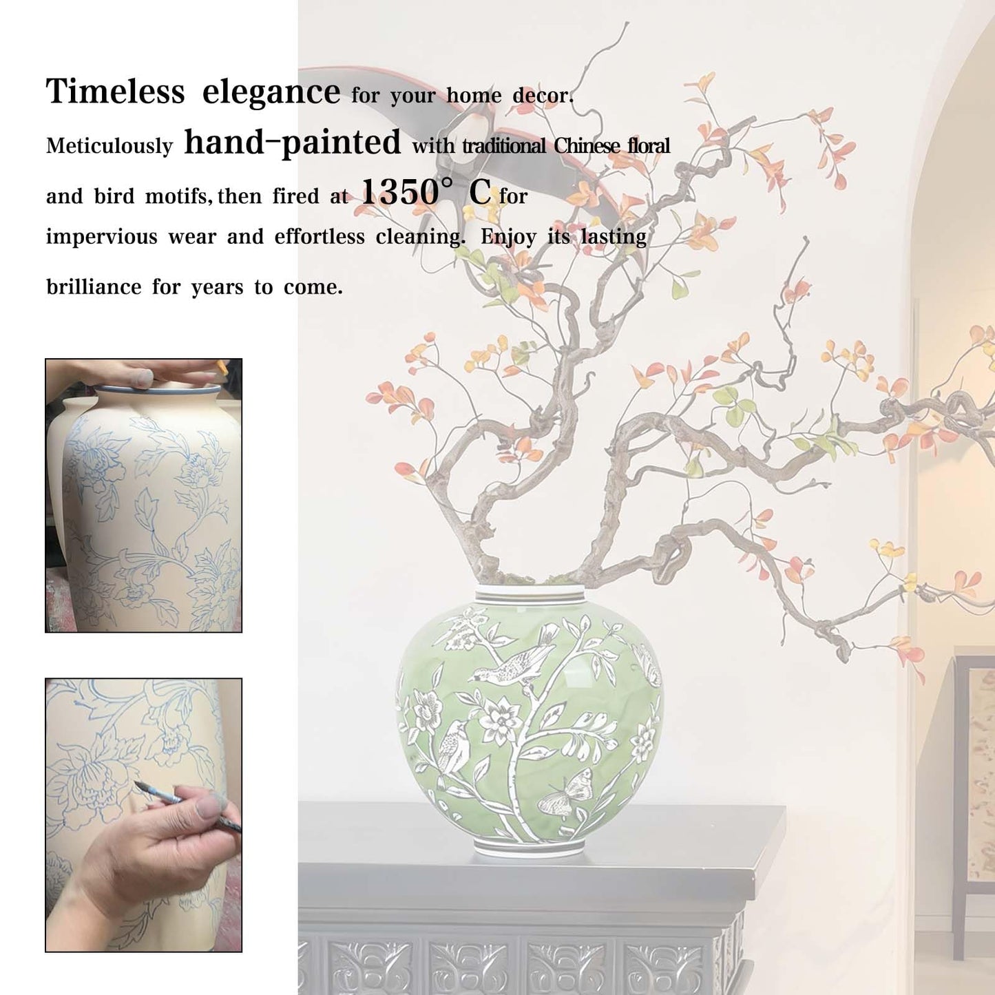 Large Ceramic Vase, 10.8 Inch Green Decorative Vases for Living Room, Hand-Painted Chinoiserie Decor Round Vase with Antique Floral-Bird Pattern, Porcelain Vase for Flowers Arrangement