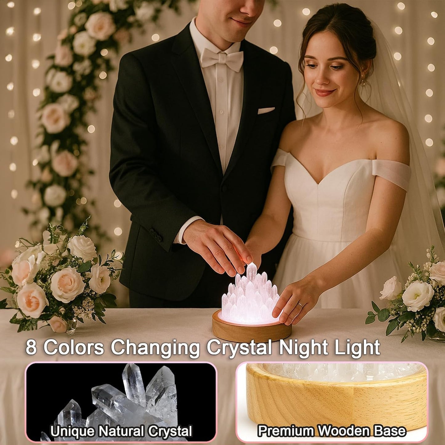 HayBaroda Clear Quartz Night Light - Healing Crystal Night Light Natural Crystal Bedside Lamp with Wooden Base, USB Port, Soft Warm Glow for Bedroom, Nursery, Office & Home Decor