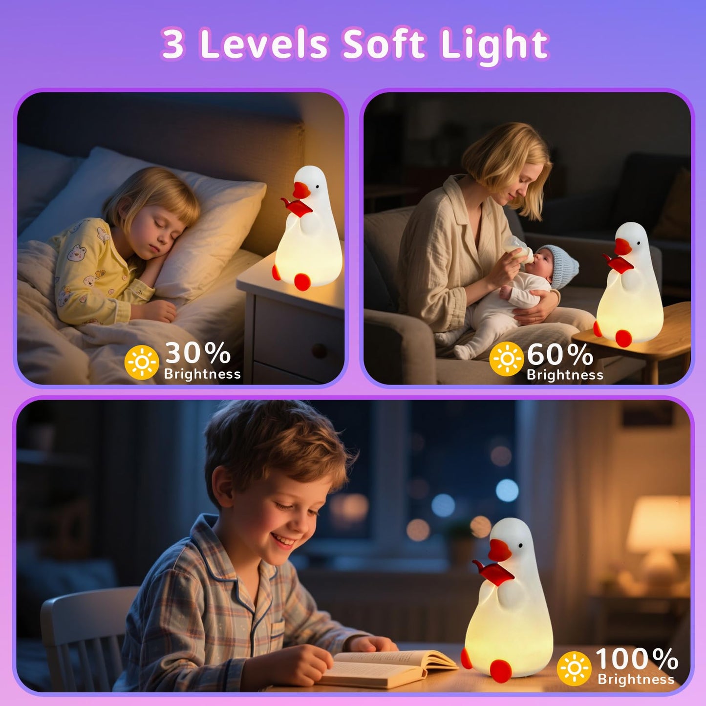 AVEKI Goose Reading Light, Soft Squishy Silicone Duck Night Light for Kids Baby Toddler, Rechargeable LED Touch Lamp for Nursery Kids Room Bedroom Decor, Cute & Funny Gifts for Boys and Girls
