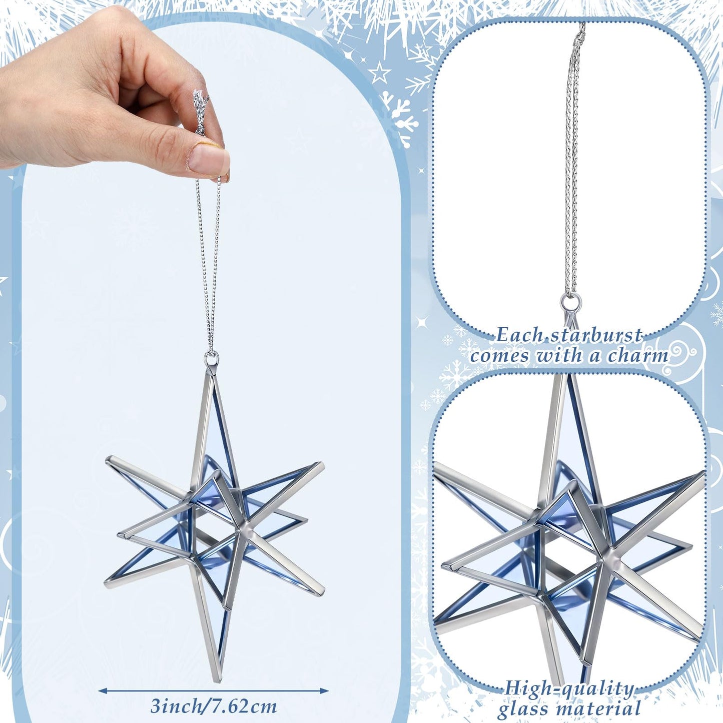 Leinuosen 6 Pcs Christmas Bethlehem Star Ornament for Christmas Tree 3.14 Inch Stained Glass Hanging Decoration 3D Xmas Tree Ornaments Home Decor Gift