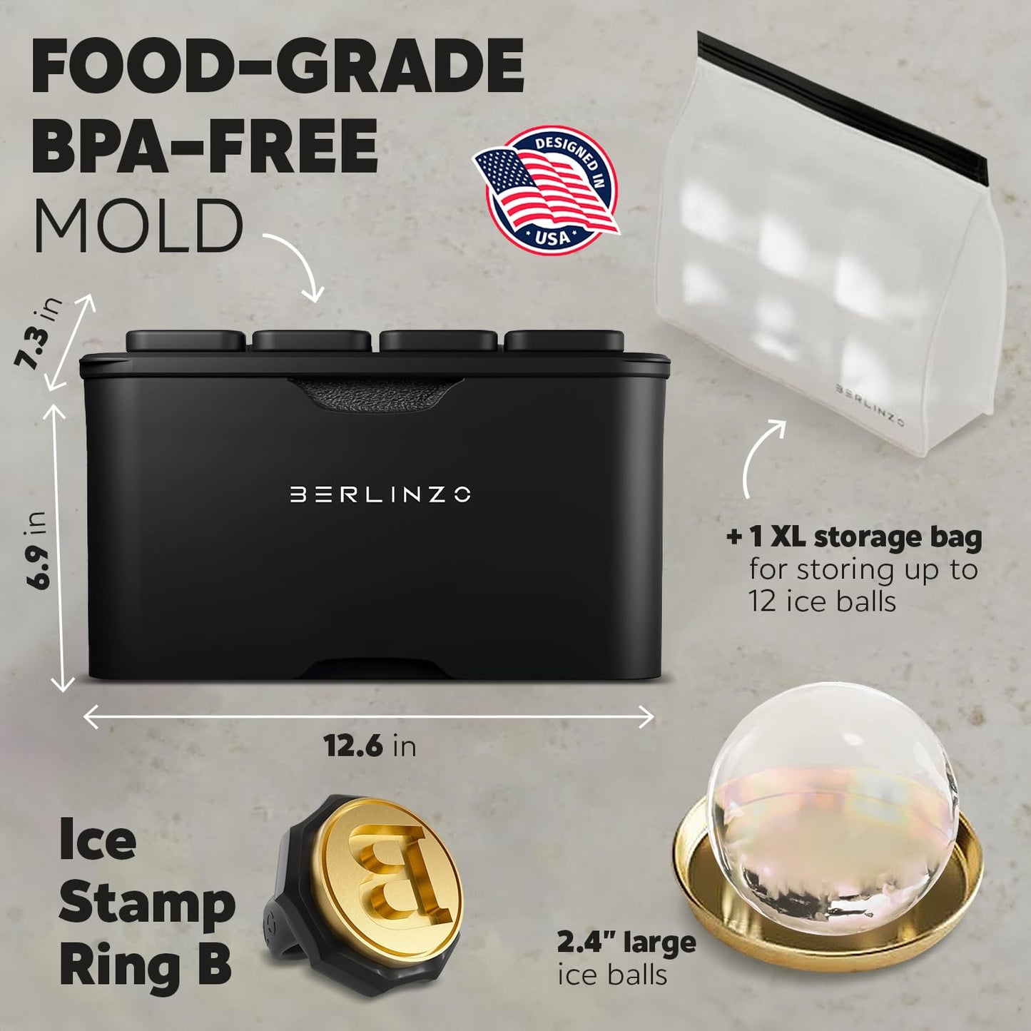 Berlinzo Premium Clear Ice Ball Maker Mold - 8 Large 2.4" Crystal Clear Ice Balls for Whiskey, Cocktails & Bourbon - Easy-to-Remove Mold for Ice Spheres - XL Storage Bag Included (Non-Electric)