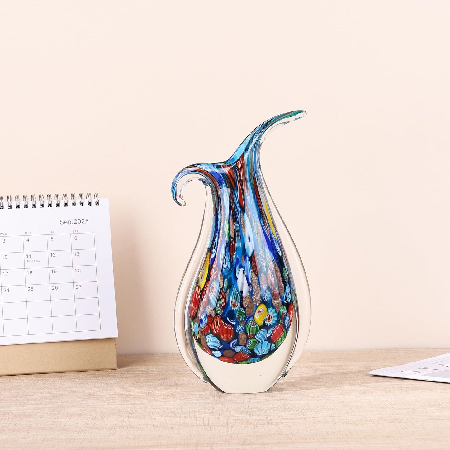 GrivSheen Hand Blown Glass Vase for Centerpiece, Murano Style Table Decoration, Blue Blown Art Glass Ellipse Flower Vase, Single Stem Beautiful Decor for Home, Beachy Room Decor for Home Shelf