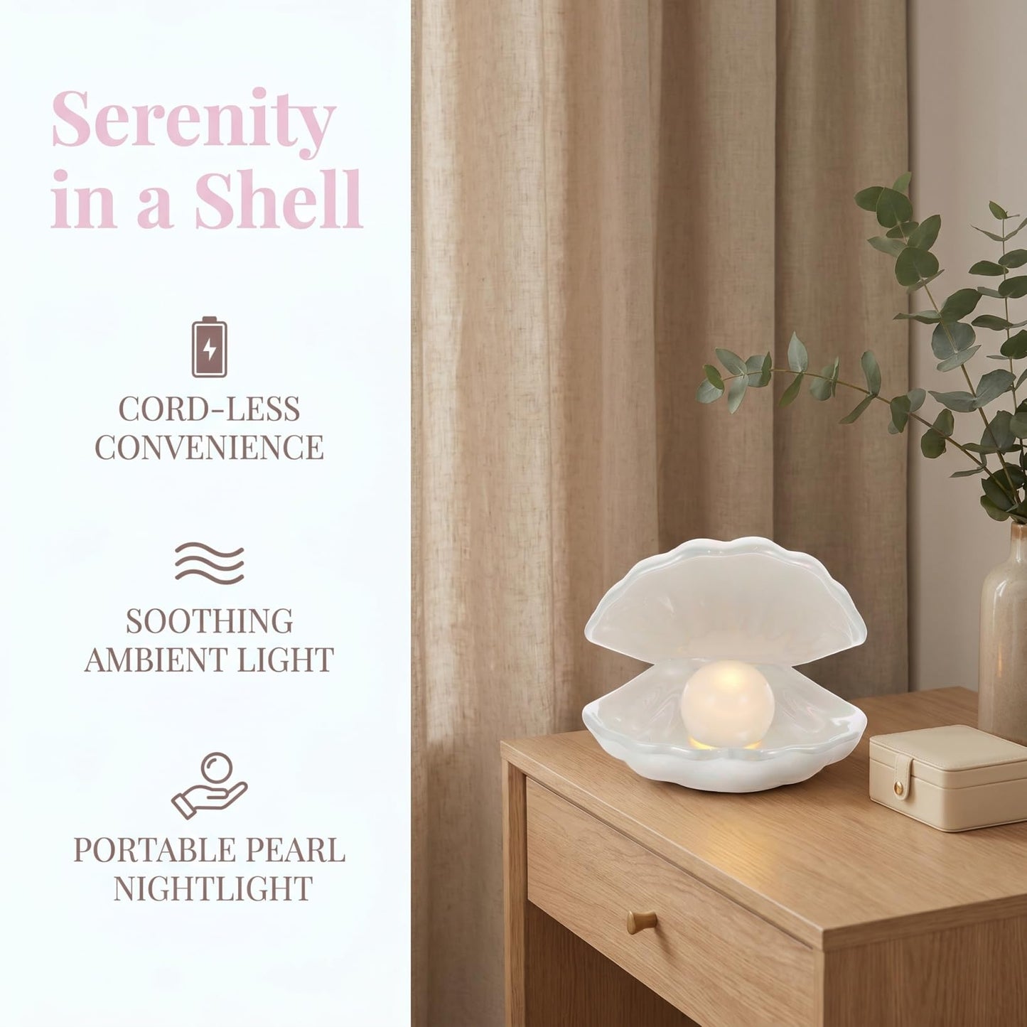 TOYANDONA Ceramic Shell Pearl Light - White Led Clam Lamp with Removable Pearl Battery Operated Soft Light for Room Tabletop Decor, Ideal Birthday