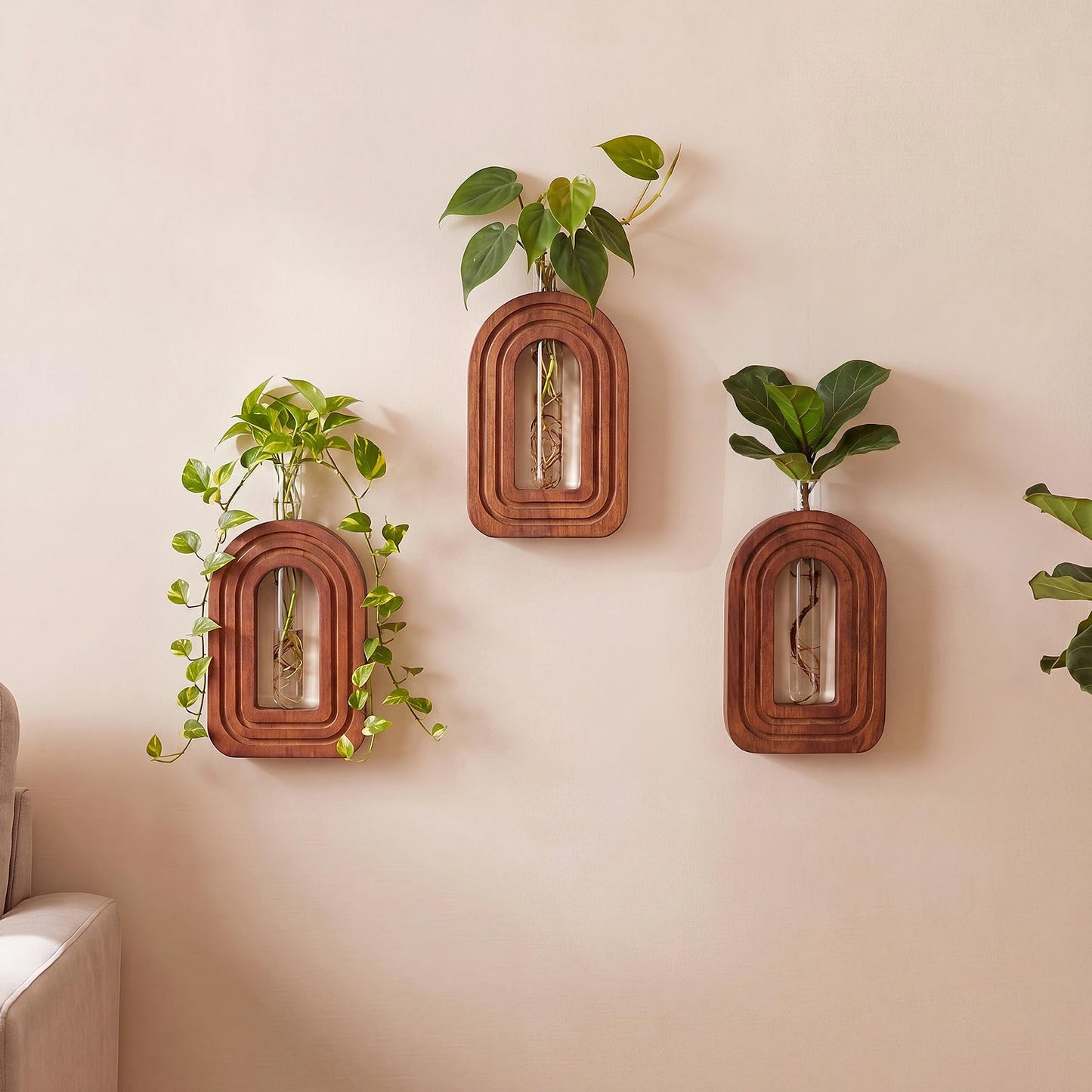 Capoda 3 Pack Wood Wall Planter Arch Propagation Station Wooden Hanging Vase with Glass Tube Boho Rustic Farmhouse Wall Decoration for Indoor Living Room Bedroom Bathroom (Dark Brown)