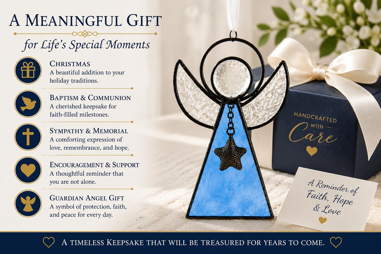 Blue Stained Glass Angel Ornament, Memorial & Guardian Angel Gift