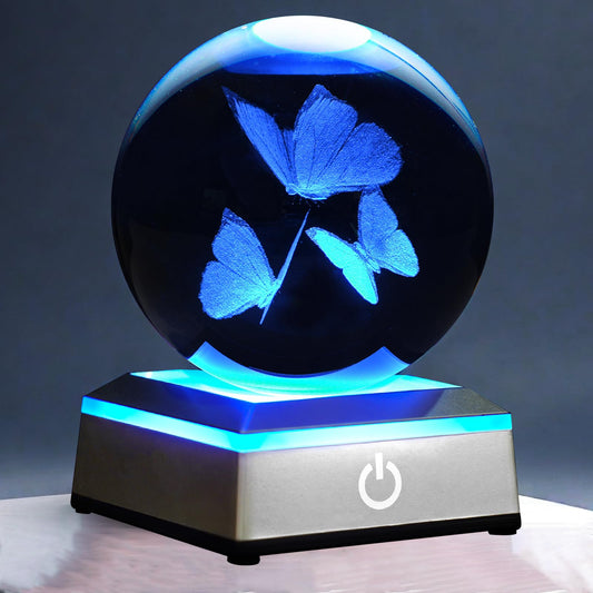 3D Crystal Ball Night Light with LED Colorful Touch Base - Butterfly Gifts for Women, Kids & Teens - 3.15' Glass Sphere Lamp - Home Decor