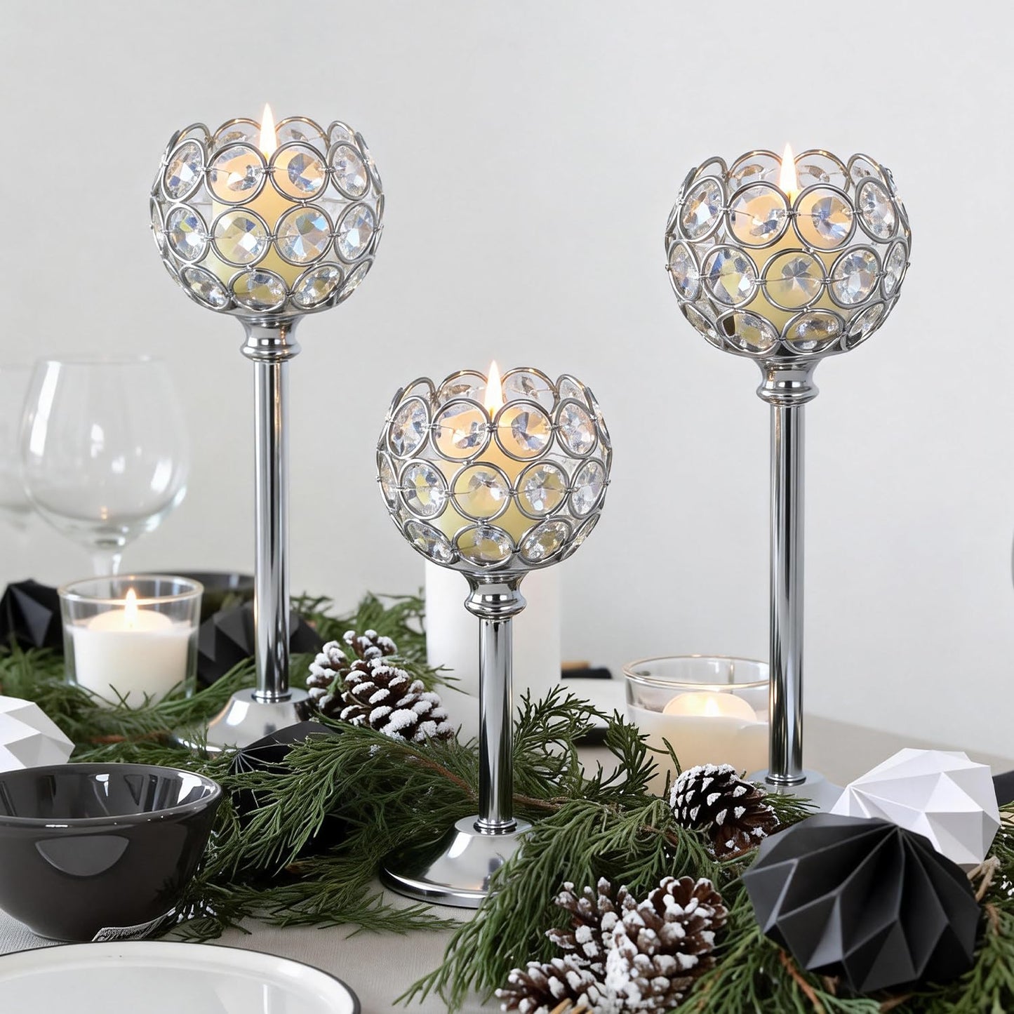 Oakernel Silver Crystal Candle Holders Candlestick Holders - 4 Sets Tall Bling Bowl Candelabra Centerpieces for Dining Table, Wedding, Party & Fireplace Mantel Decor,12Pcs