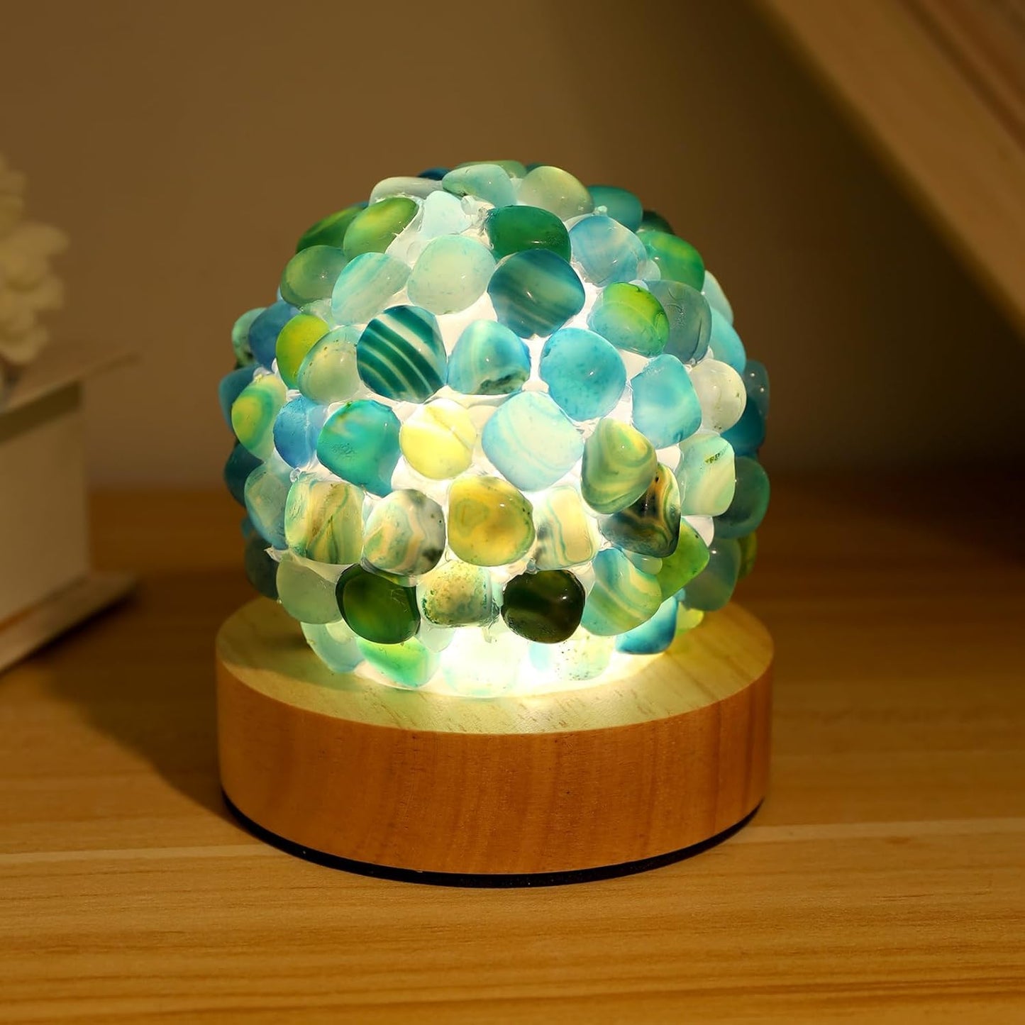 Nizrsky Blue Agate Lamp,Healing Crystals Night Light with Wooden Baseor for Yoga Balance, Reiki Healing, Meditation,Small Tiffany Ball Table Lamp for Bedroom Living Room