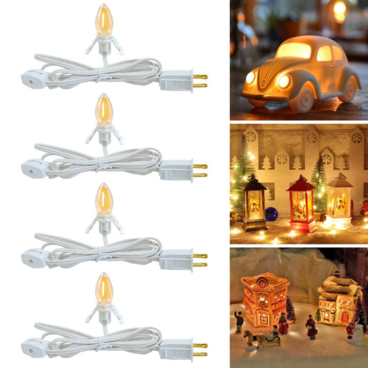 FUTIME Set of 4 Accessory Cord with One Led Light Bulb 6Ft Blow Mold Light IndoorString Lights, C7 Lamp with Spare Fuse for Halloween and Christmas Decorations, Craft Village House Decoration