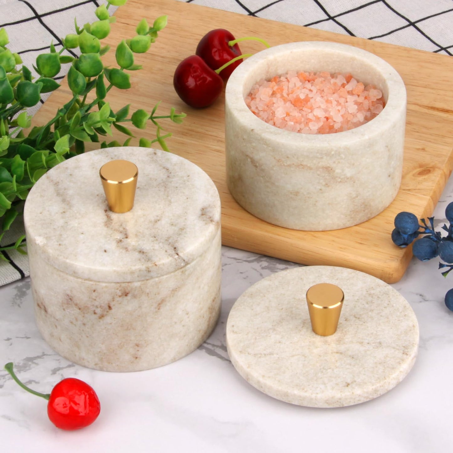 Stonemanus Marble Salt Cellar with Lid, 4 inch Natural Stone Salt Pepper Box, Alloy Lid for Kitchen Countertop Storage (Viva jade, 4 * 3.5)