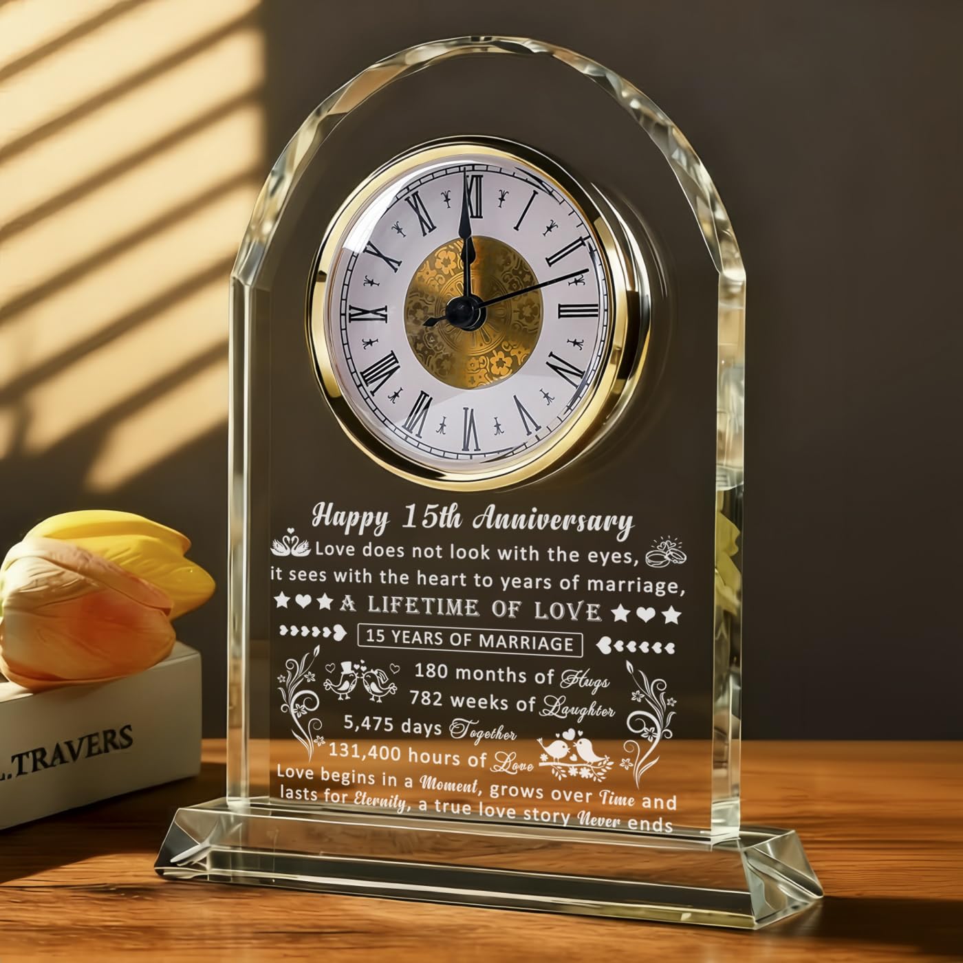 QIANRUNA 15 Year Anniversary Clock Gifts for Him Her, 15th Anniversary Romantic Gifts for Couple, 15 Year Crystal Anniversary Wedding Gifts for Wife Husband Women Men, 15 Years of Marriage Gifts