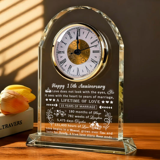 QIANRUNA 15 Year Anniversary Clock Gifts for Him Her, 15th Anniversary Romantic Gifts for Couple, 15 Year Crystal Anniversary Wedding Gifts for Wife Husband Women Men, 15 Years of Marriage Gifts