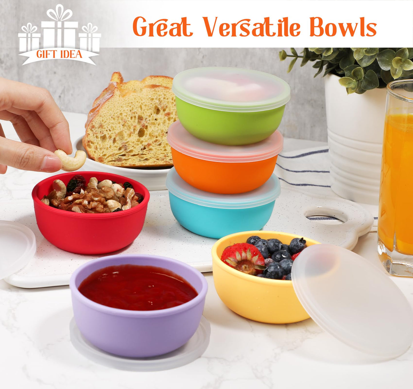 Webake 3.5" Silicone Pinch Bowls for Cooking Prep, 4oz Small Dipping Bowls with Lids, Serve, Food Storage, BPA Free Set of 6