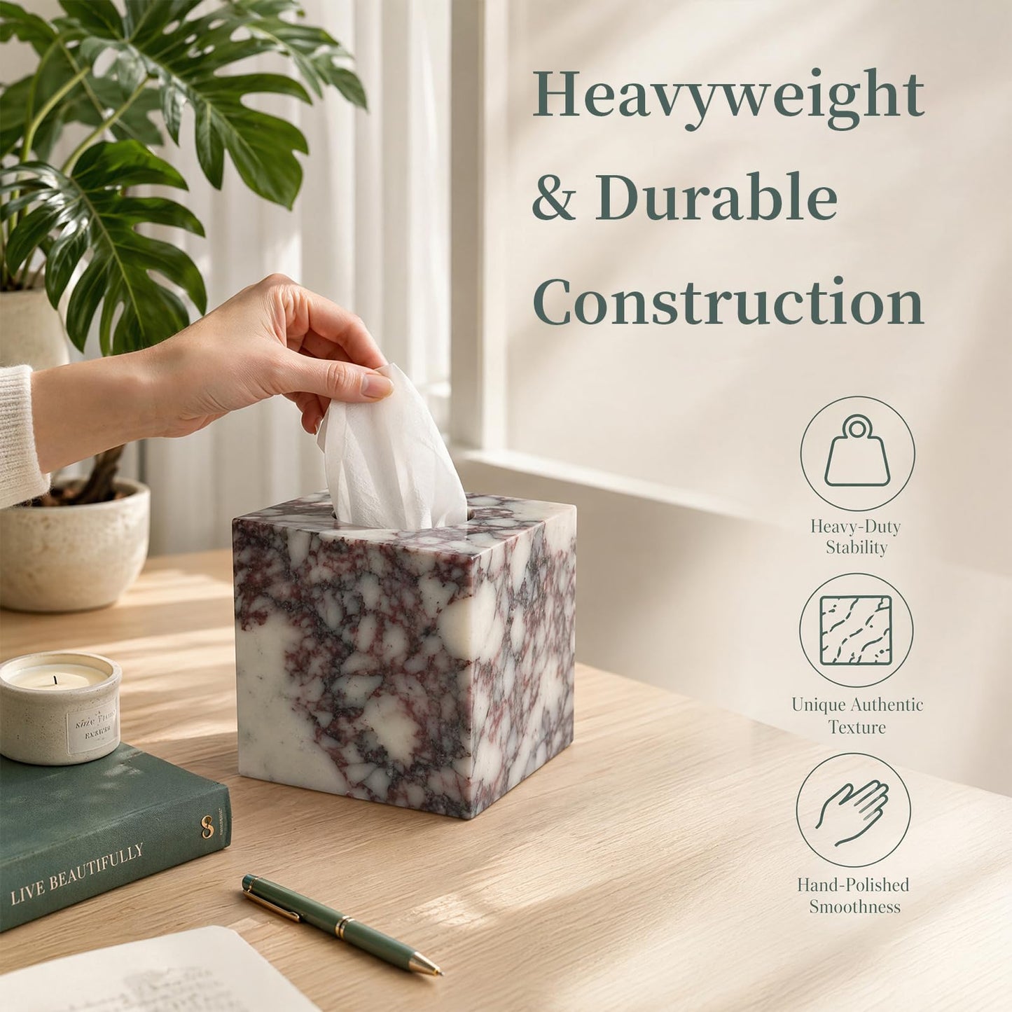 Luxury Natural Calacatta Viola Marble Tissue Box Cover with Magnetic Base