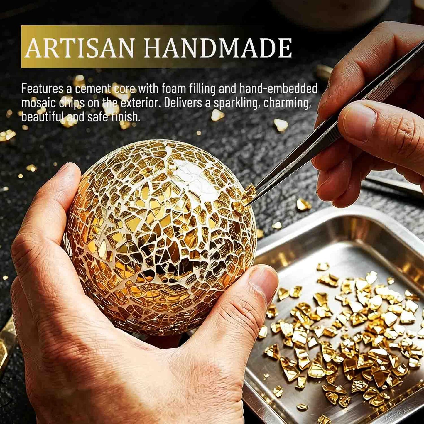 v2croft 4 in Decorative Orbs Glass Balls Set of 3,Mosaic Sphere Globe for Whole Housewares,Wedding/Birthday,Bowls,Vases Dining Table Centerpieces (Gold)
