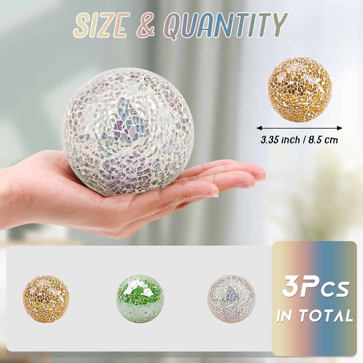 Yatinkim Decorative Balls Set 3pcs Mosaic Glass Ball for Bowls 3.35inch