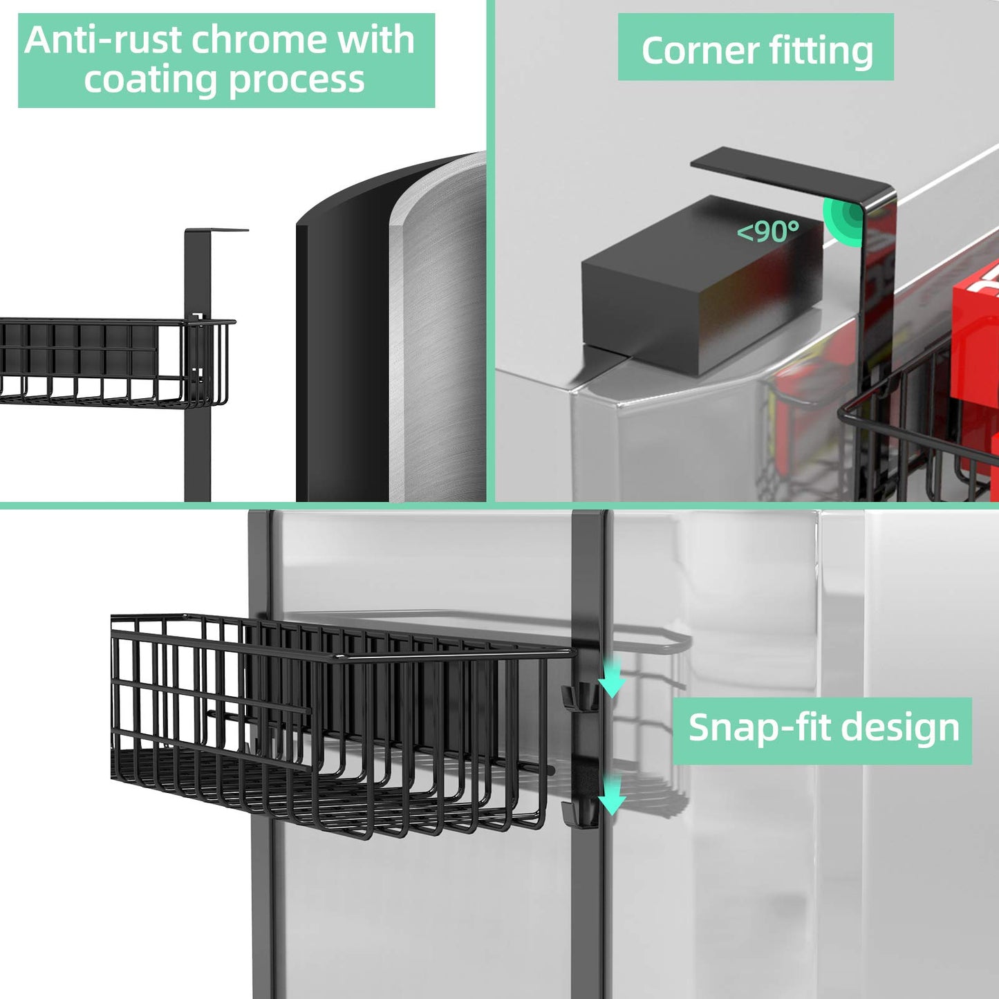 4 Tier Magnetic Spice Rack | Strongly Magnetic Spice Shelf with Utility Hooks | Refrigerator Spice Storage | Kitchen Storage Rack for Placing Seasoning Bottles, Plastic Wraps or Garbage Bags (Black)