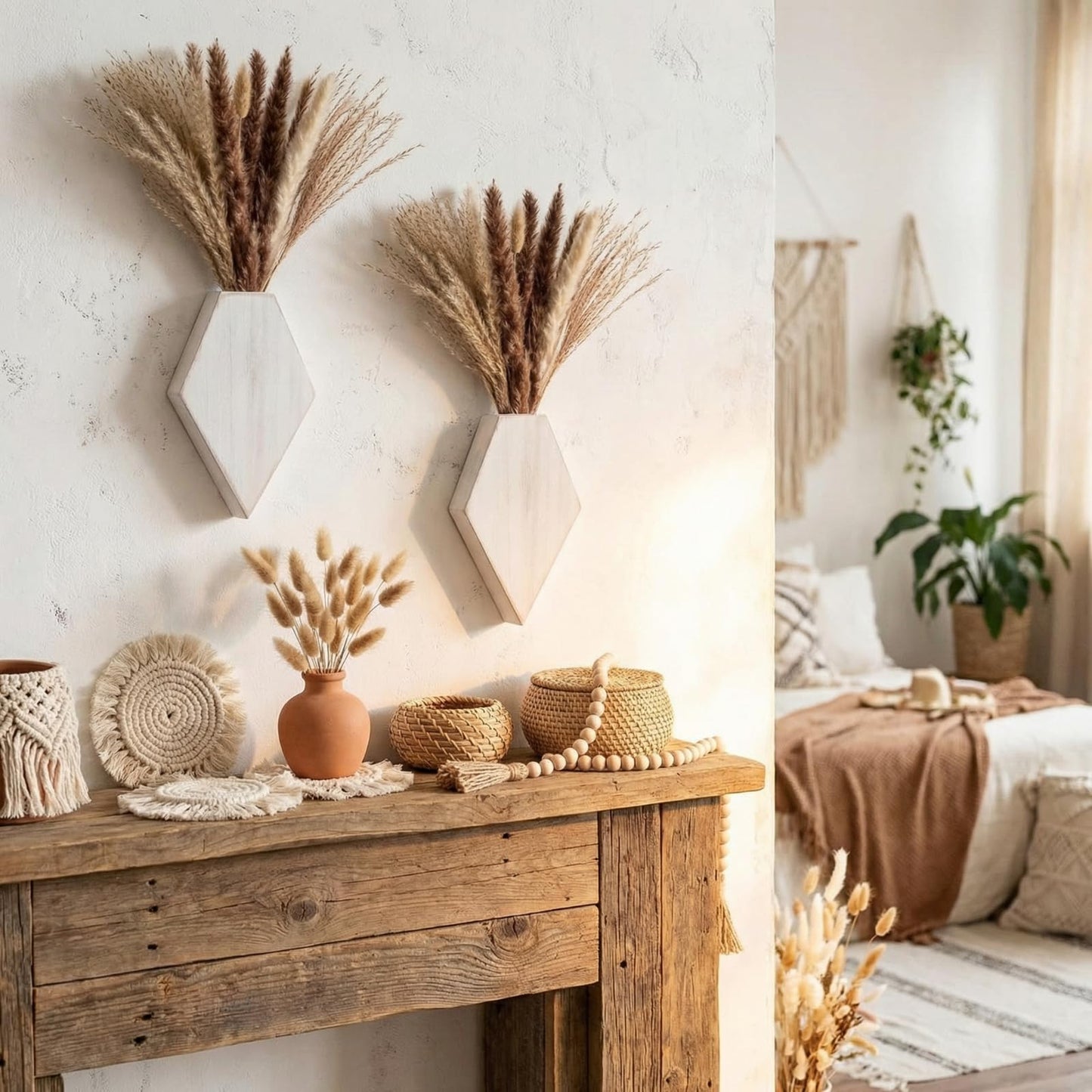 Fiwochic 2 Pcs Bohemian Wooden Wall Planter Set with Pampas Grass Modern Farmhouse Wall Decor for Living Room, Bathroom, Bedroom, Office(White Distressed,Regular Style)