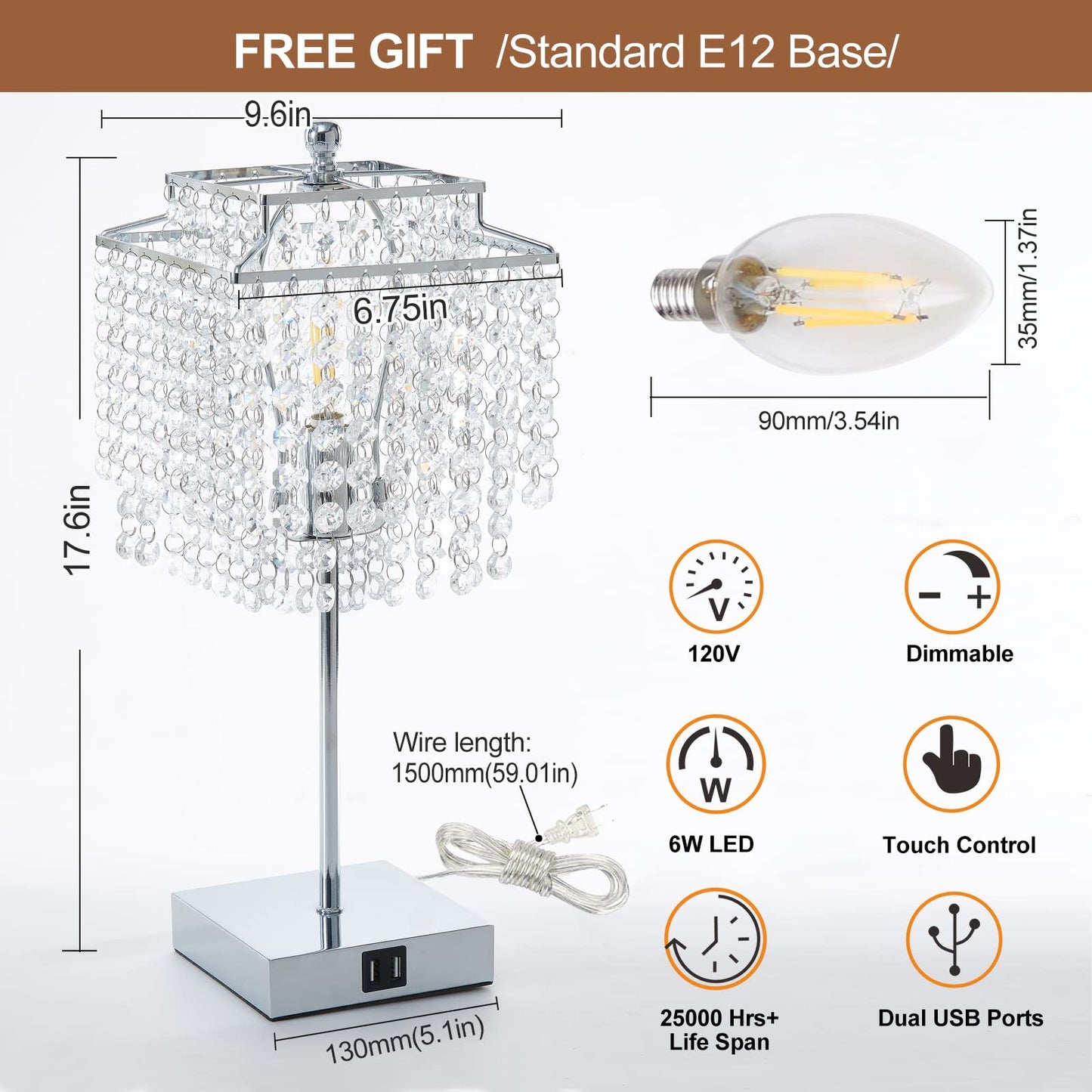 Touch Crystal Table Lamp Silver, Bedside Lamp with USB C+A Ports, Dimmable Nightstand Lamp with Crystal Shade, Bedroom Lamp for Girls Bedroom, Living Room, Bulb Included