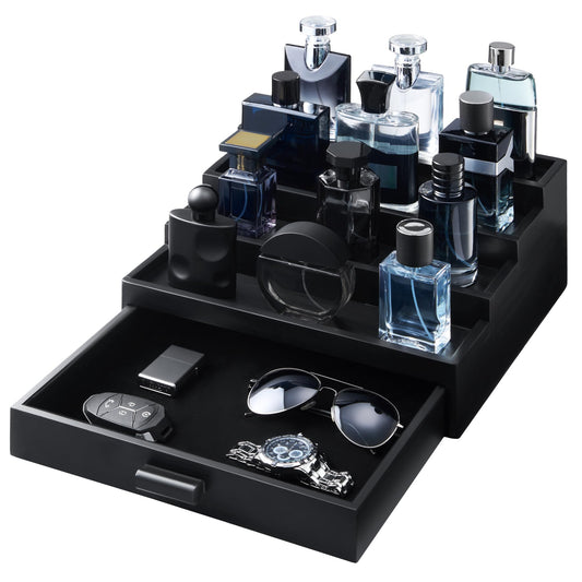 Swathmore Supply Co. Cologne Organizer for Men – 4 Tier Wooden Cologne Stand with Premium Velvet Drawer, Cologne Shelf, Perfume Fragrance Organizer & Display Holder for Dresser, Father's Day, Black