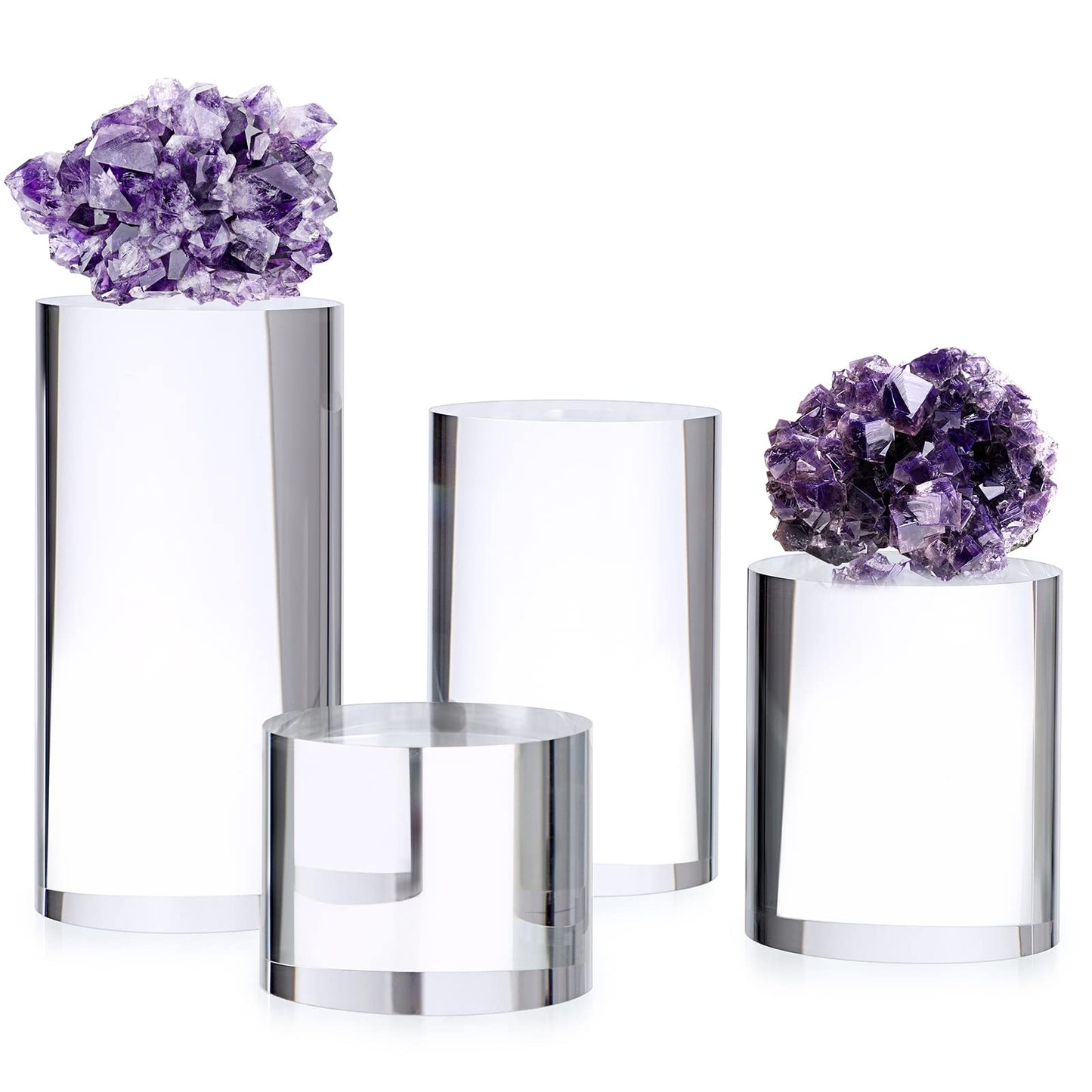 Hipiwe 4-Pack Acrylic Display Risers Figures Display Stand Holder Clear Cylinder Tabletop Jewelry Perfume Showcase Organizer for Geodes Rock Small Collectibles Display Blocks