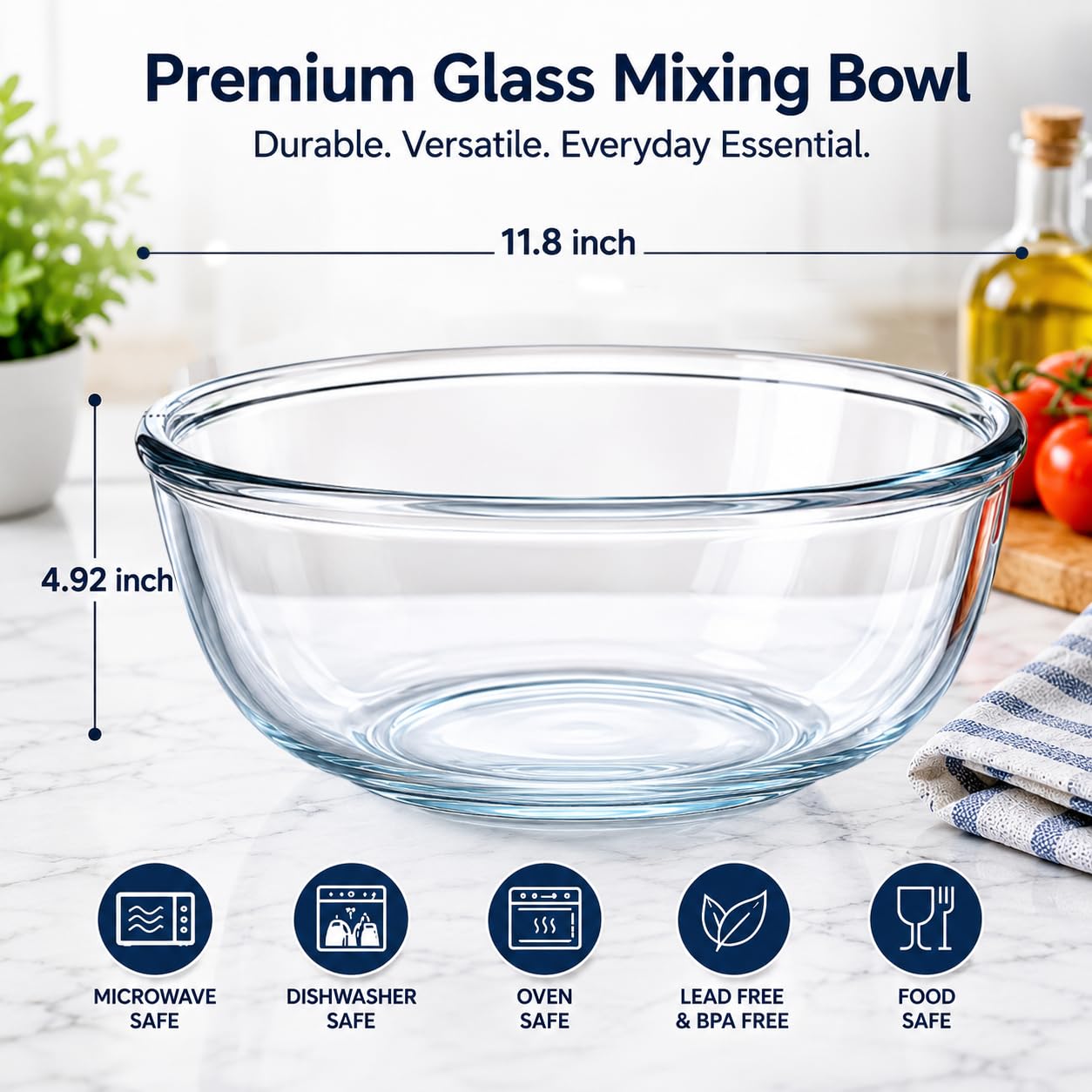 ZAPHYCOCA Large Glass Bowl,6 Quart Glass Mixing Bowl for Sourdough Bread Clear Breads Proofing Bowl Ideal for Kitchen Storage