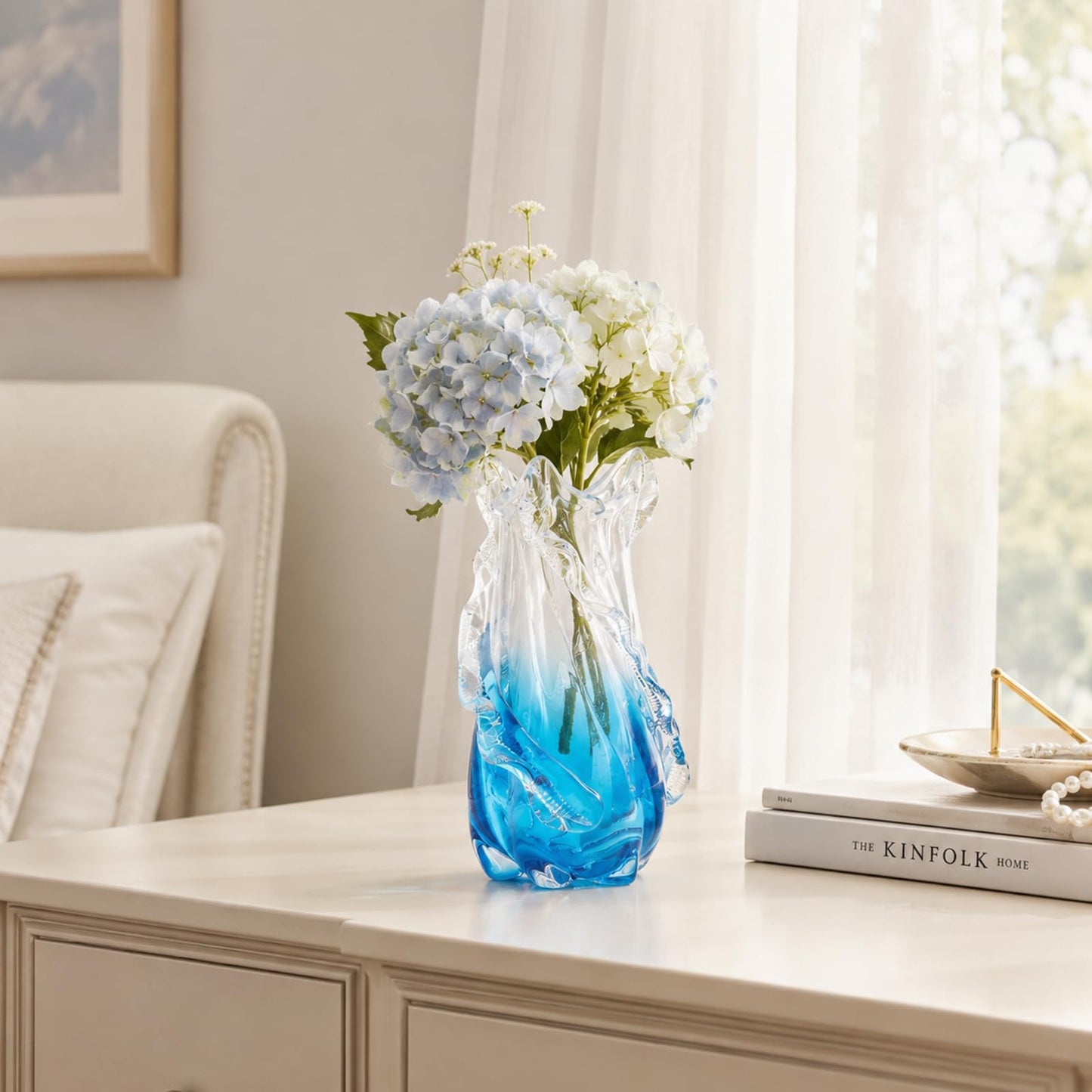 oliruim 12" H - Blown Blue Glass Vase, Unique Art Hand Blown Glass Vases for Coastal Home Decor Centerpiece, for Tabletop Shelf Mantel Entryway Room (Large)