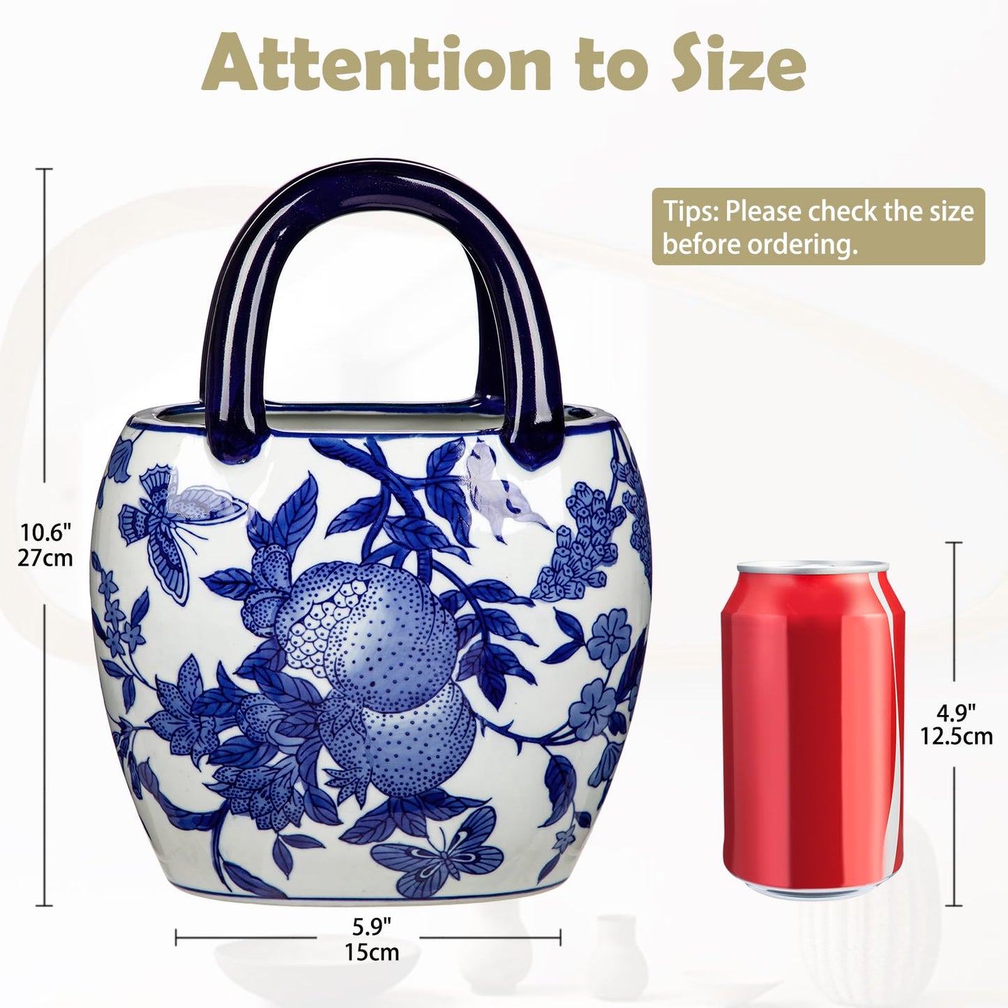 Ceramic Purse Vase for Flowers, Blue and White Porcelain Vases for Centerpieces Decorative Medium Handbag Vases for Flowers Pottery Chinoiserie Vase for Living Room Kitchen Dinner Table Shelf