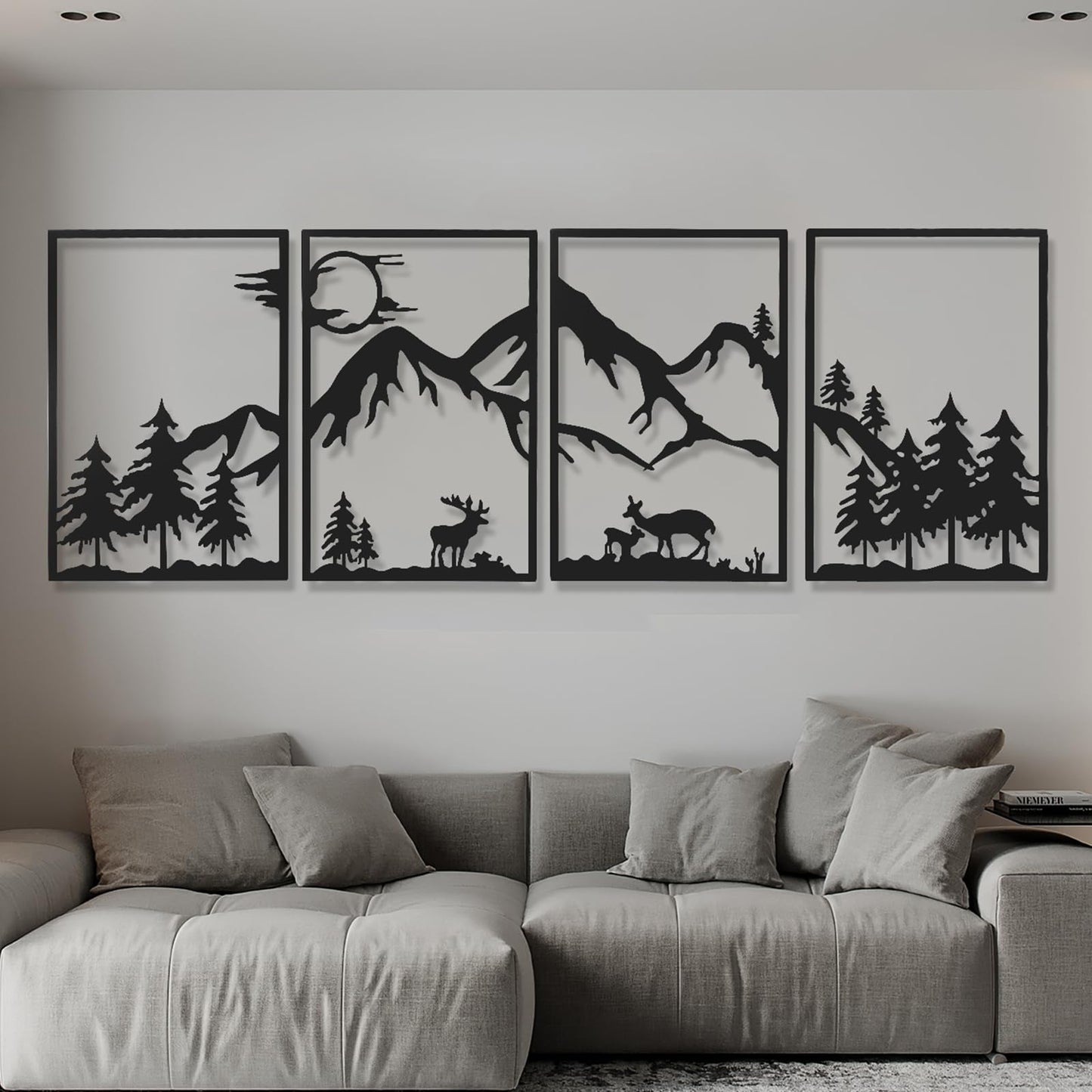 AMAATE Modern abstract wall decoration set, black metal hollow hanging paintings, 4 geometric designs for living room home decoration (Art Deco, Snow Mountain, 11" X 14.6" in)