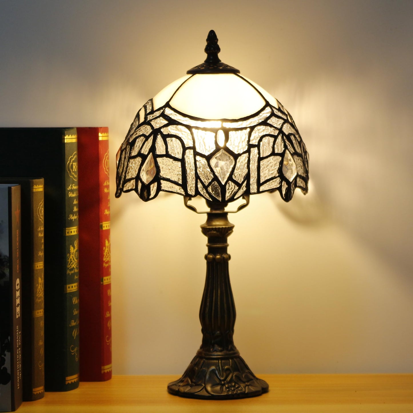 SYETL Small Tiffany Lamp Stained Glass White Crystal Style Desk Lamp