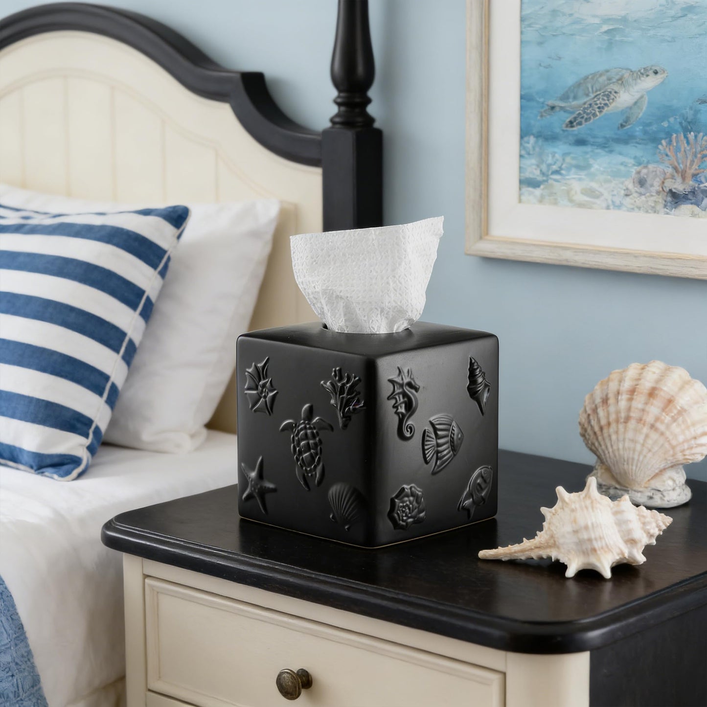 Black Ceramic Sea World Tissue Box Cover, Carved Marine Life Large Square Tissue Box Holder Decorative for Bathroom, Vanity, Kitchen Countertop, Bedroom Night Stands, Office Desk Top