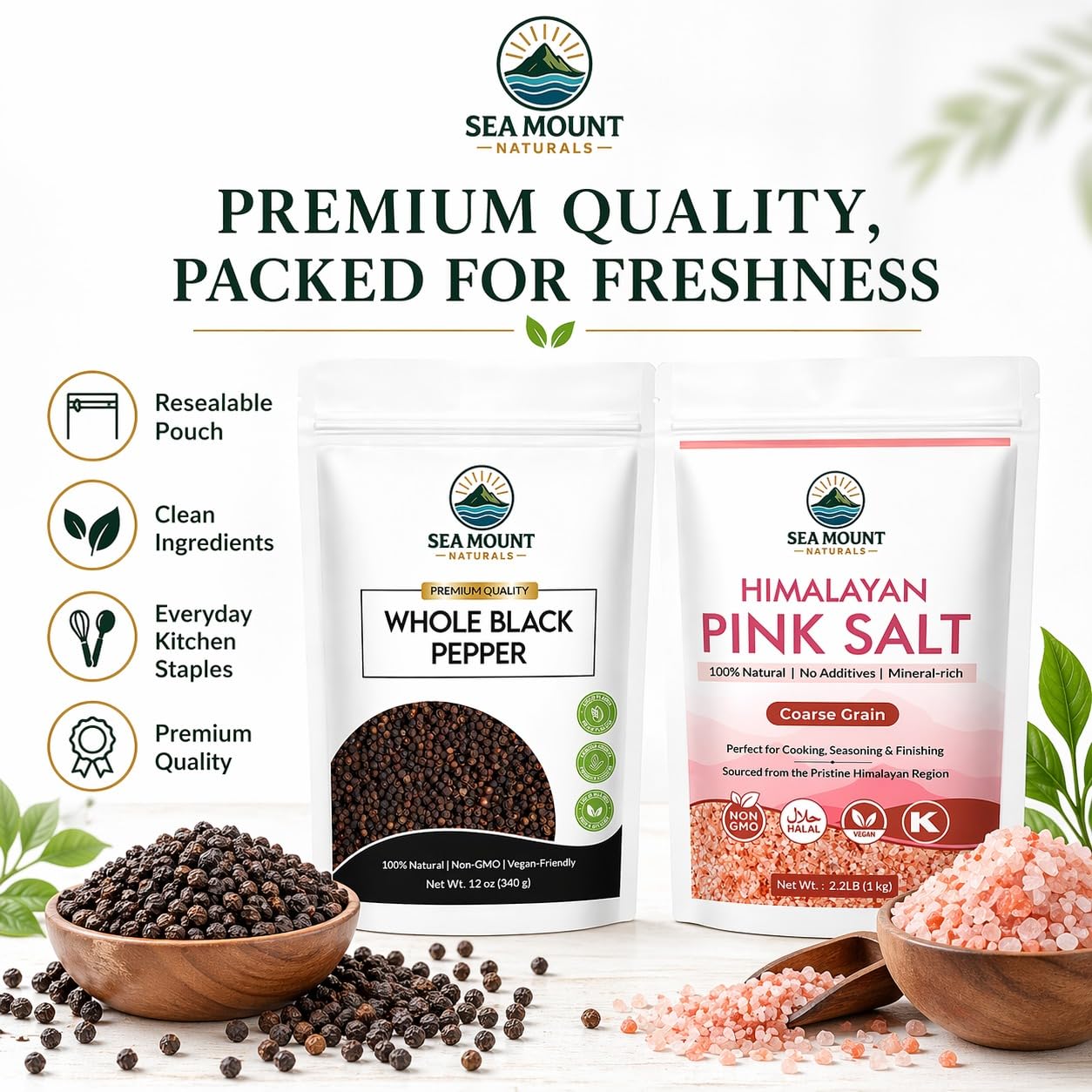 Sea Mount Naturals Whole Black Tellicherry Peppercorns 12 oz & Himalayan Pink Salt (Coarse Grain) 2.2 lb | Pink Salt & Pepper Grinder Refill Combo I 2 Piece Set
