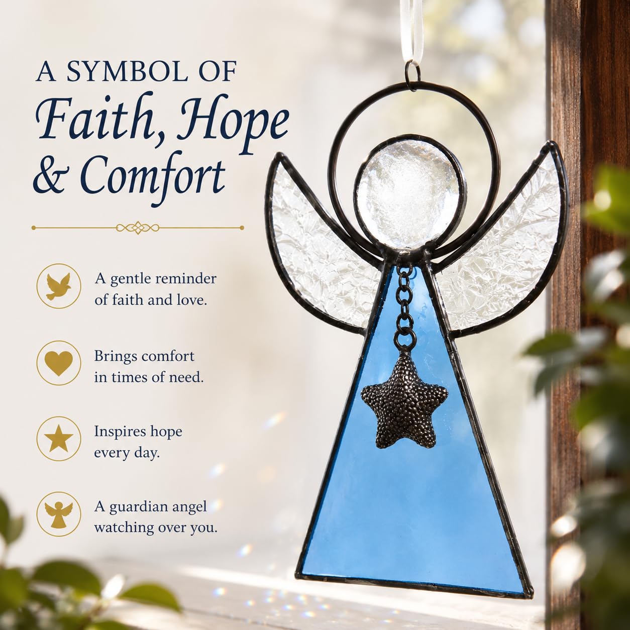 Blue Stained Glass Angel Ornament, Memorial & Guardian Angel Gift