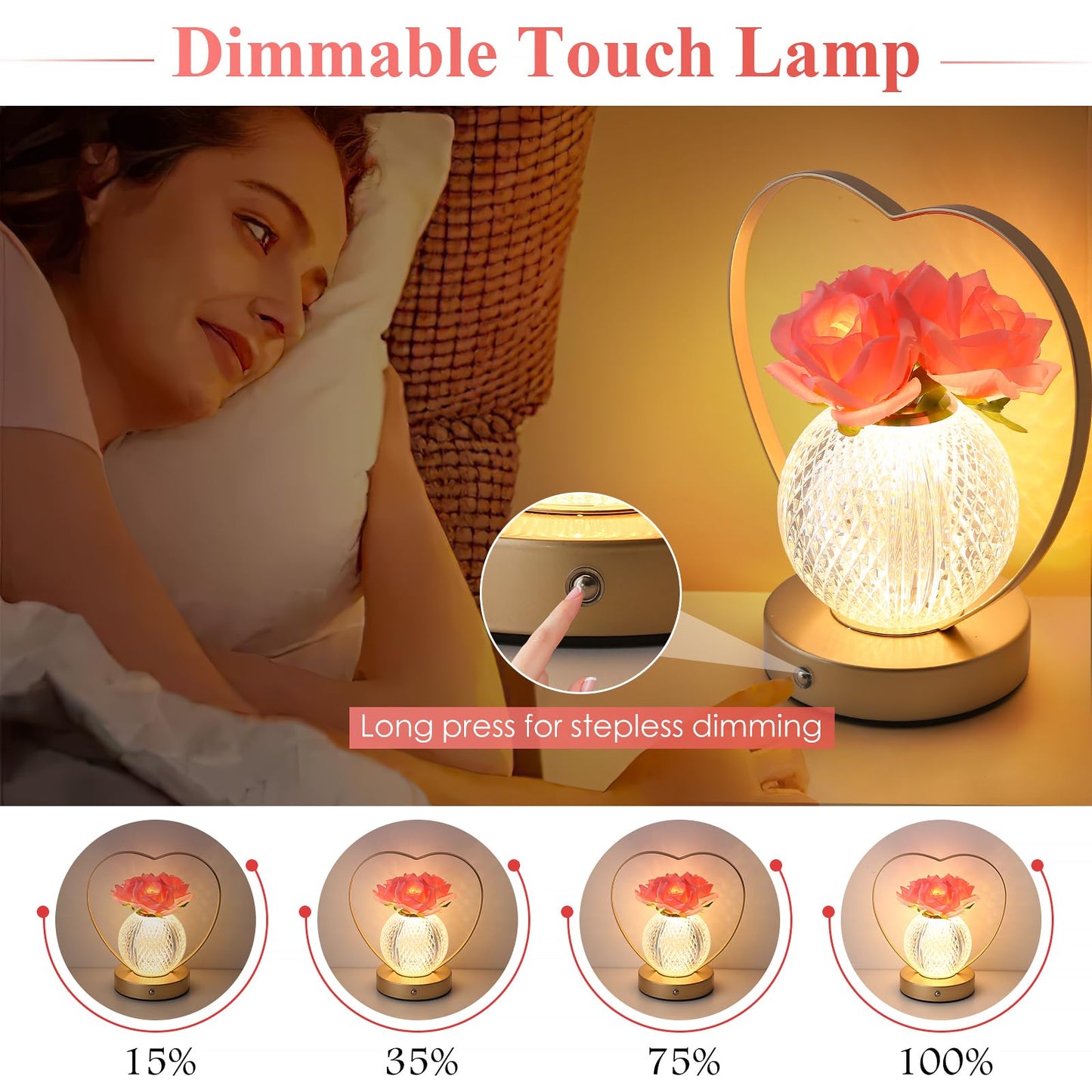 AMWGIMI Women Gifts Rose Flower Lamp,Rechargeable Cordless LED Touch Lamp