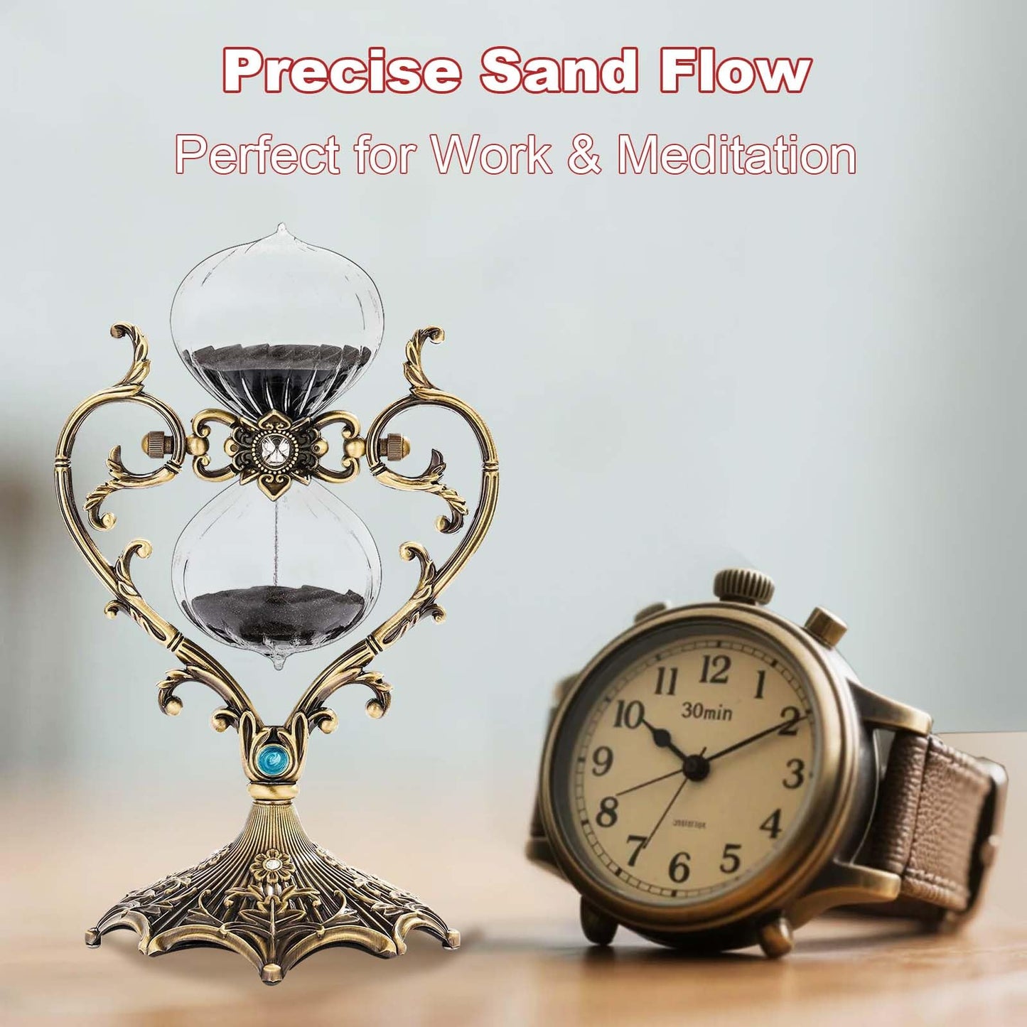 60 Minute Hourglass Timer, Vintage Engraving Large Rotating Sand Timer Clock, Unique SandWatch 60 Min, Antique Brass 1 Hour Glass Sandglass for Home, Desk, Office (Black)