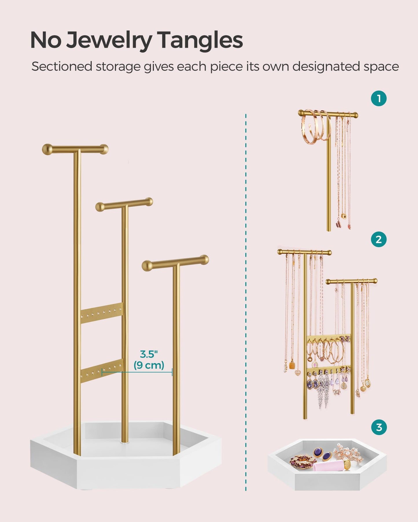 SONGMICS Set of 2 Jewelry Holders Organizers, 3 Tiers and 1 Tray, Jewelry Display Stands with Metal Frame, Necklace Earring Bracelet Holder, for Rings, Pale Gold and White UJJS003A01-2J