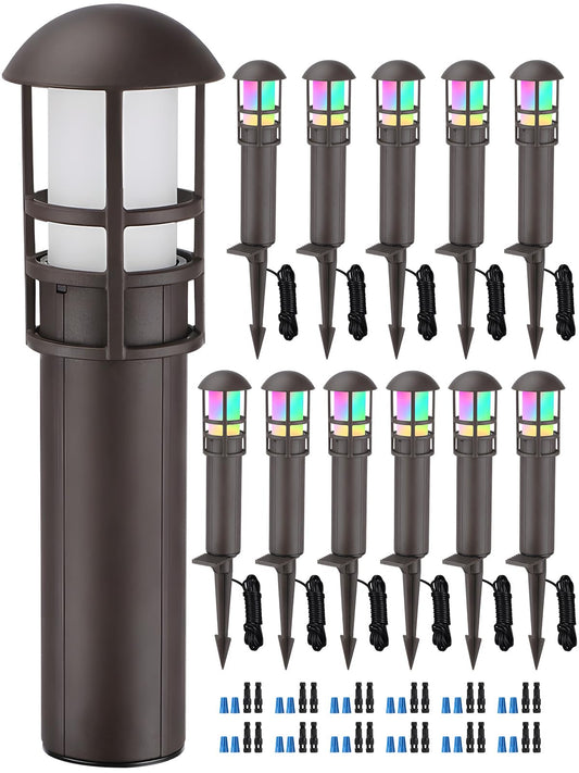 LEONLITE 12-Pack RGBCW Low Voltage Landscape Pathway Lights 3W Color Changing Landscape Lighting 12-24V LED Bollard Path Lights Wired CRI90+ Aluminum Pathway Lighting for Yard, ETL Listed, Multi-Color