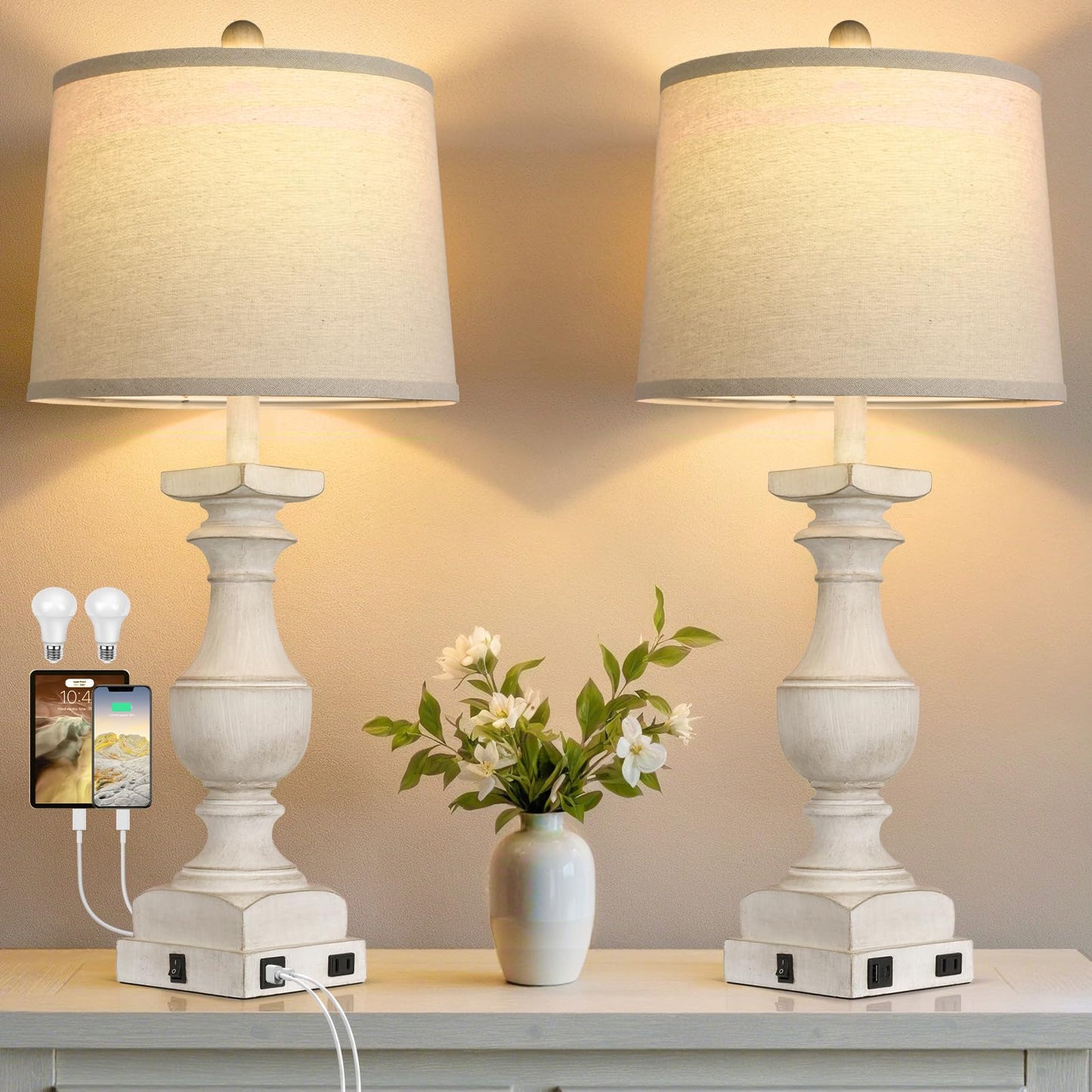 28'' Washed White Table Lamp for Bedroom Nightstand, Vintage Bedside Lamp with USB A+C Port, Farmhouse Desk Lamp with Linen Shade Set of 2, Traditional Nightstand Lamp, Rocker Switch,Bulb Included