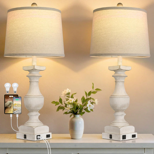 28'' Washed White Table Lamp for Bedroom Nightstand, Vintage Bedside Lamp with USB A+C Port, Farmhouse Desk Lamp with Linen Shade Set of 2, Traditional Nightstand Lamp, Rocker Switch,Bulb Included