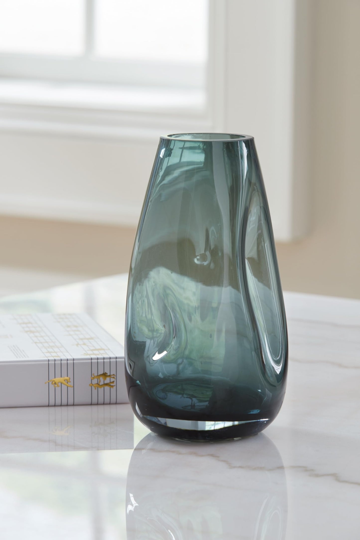 Signature Design by Ashley Beamund Contemporary Glass Vase, Indoor and Outdoor Use, Wide Mouth, Watertight for Fresh Florals, Blue, 5.13' W x 5.13' D x 9.25' H