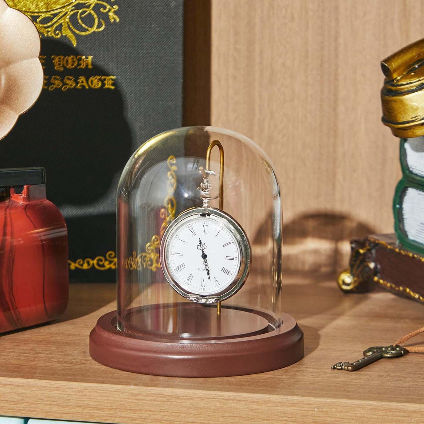 Beeveer 2 Pcs Glass Display Dome, Clear Cloche for Pocket Watch with Wood Base and Hooks, and Display Case for Watch, Medals, Collectibles(Reddish Brown,3" X 4",Dome Style)