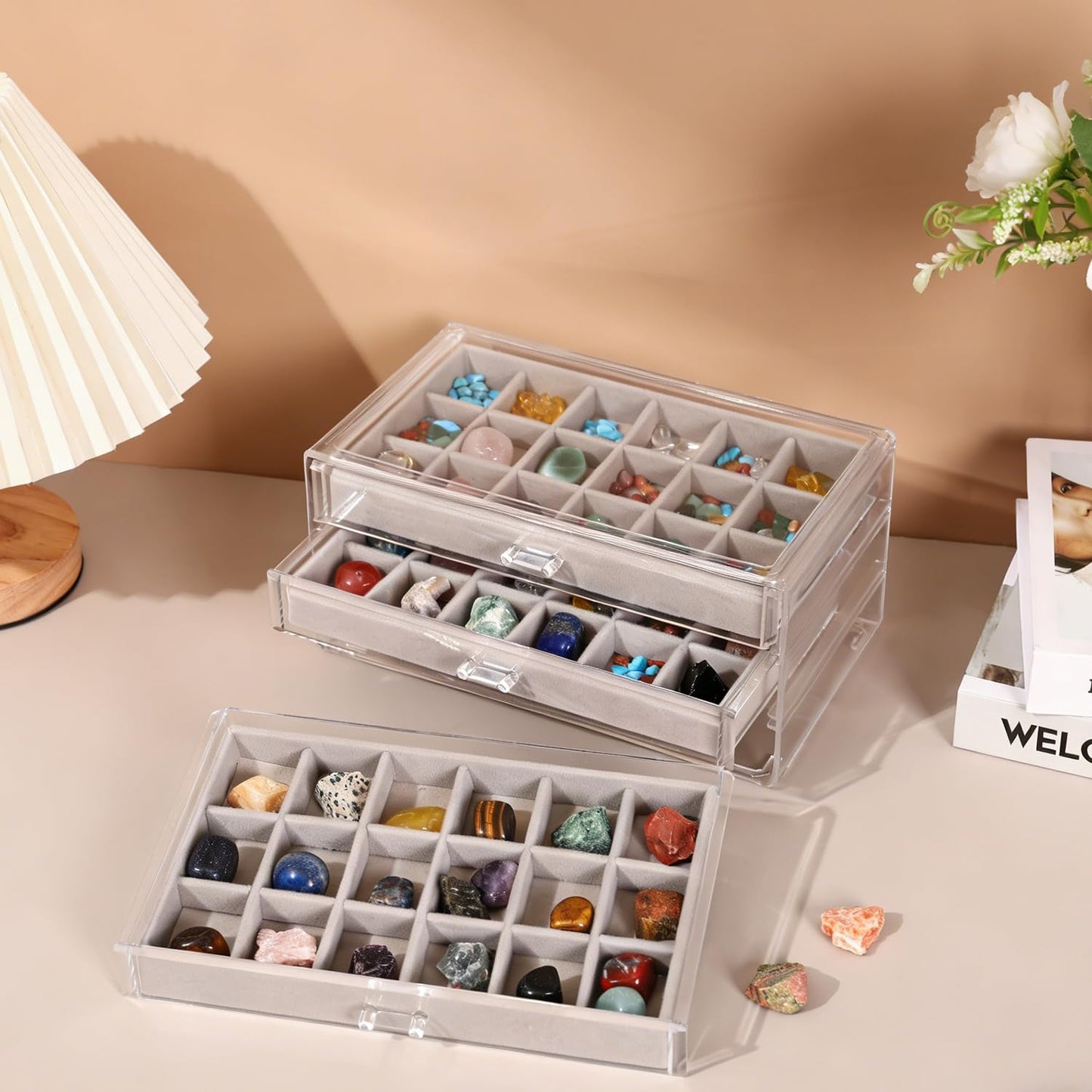 Rock Display Case, 54 Girds Rock Collection Display, Rock Collection Box for Kids with Acrylic Cover and Velvet Compartment, Gemstone Display Case for Stones, Crystals, Gems (Grey)