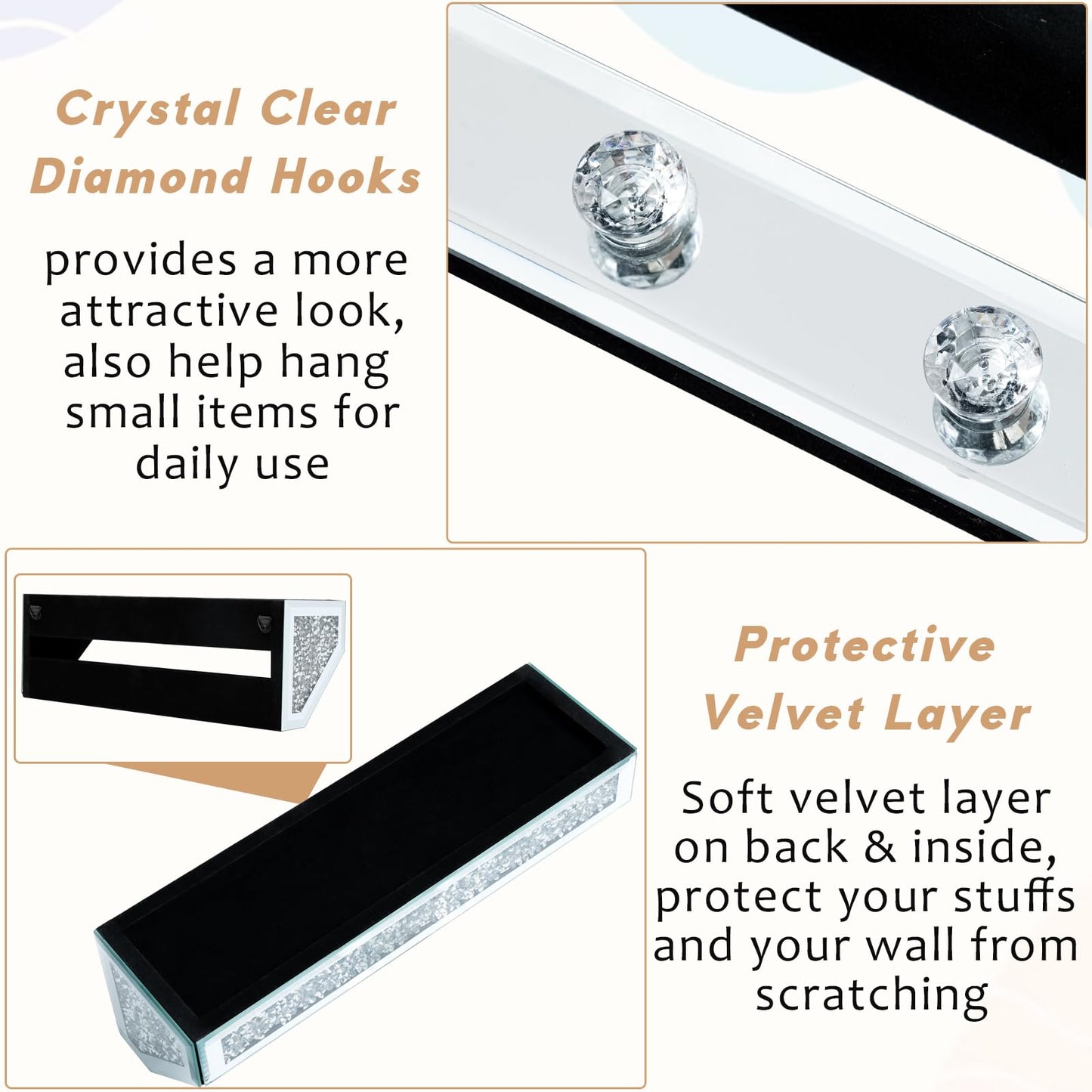 Crushed Diamond Wall Key Holder with Shelf, Crystal Mirror Wall Mounted Key Holder with Shelf for Entryway and Home Decor