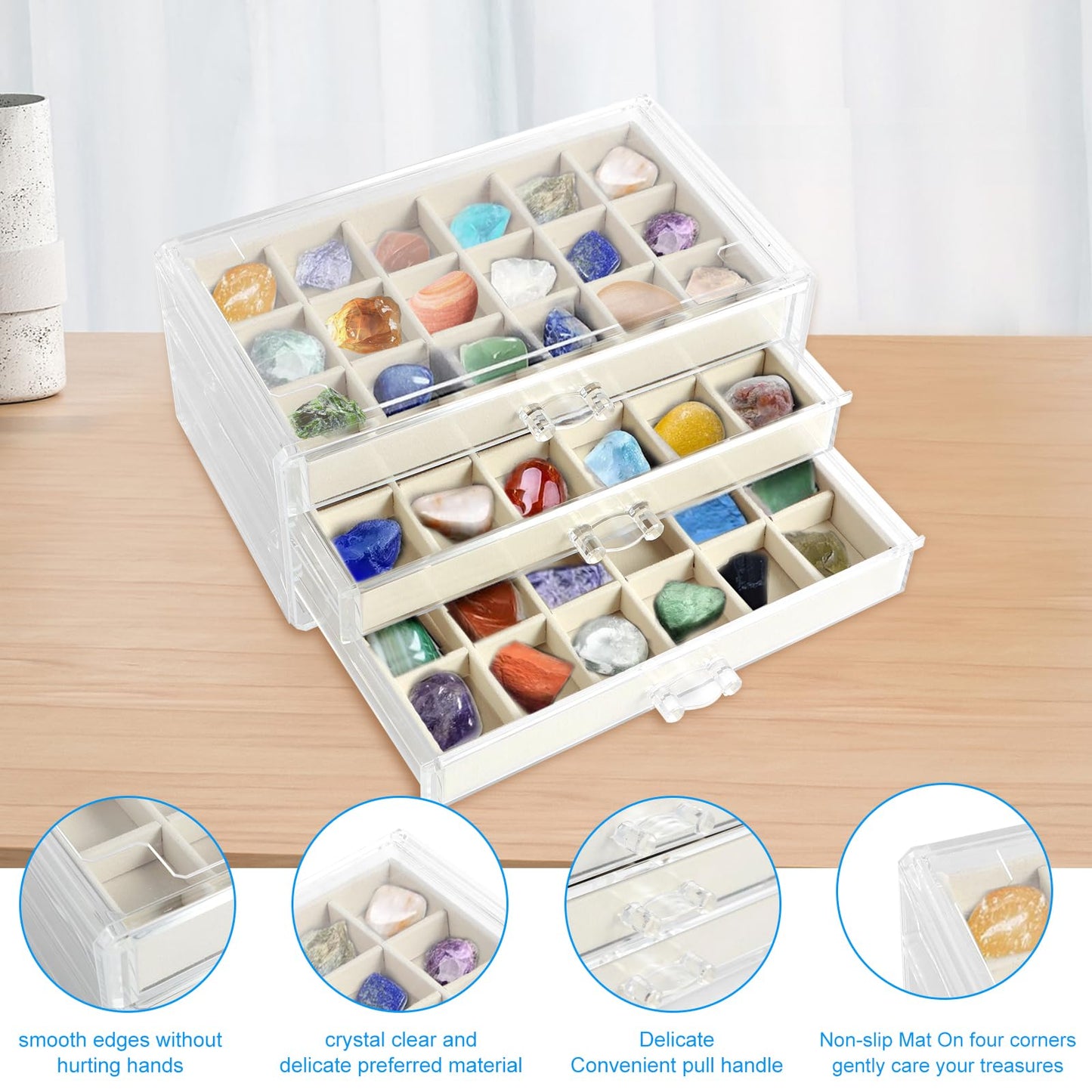54 Grid Rock Collection Display Case for Kids, 3-Layer Acrylic Mineral & Crystal Storage Box, Velvet Gemstone Organizer Showcase, Ideal Geology Gift for Boys & Girls