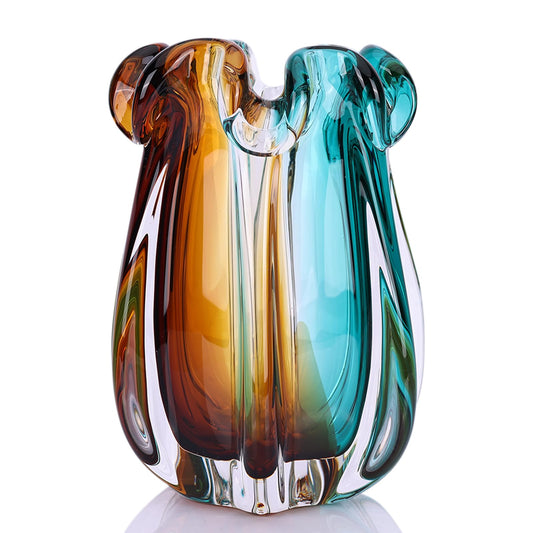 Hand Blown Glass Vase, Murano-Style Colorful Art Glass Centerpiece, Heavy Large Wide Mouth Ruffle Rim, Teal Turquoise and Amber, and Wedding Decorations Living Room Decor (7.48in)