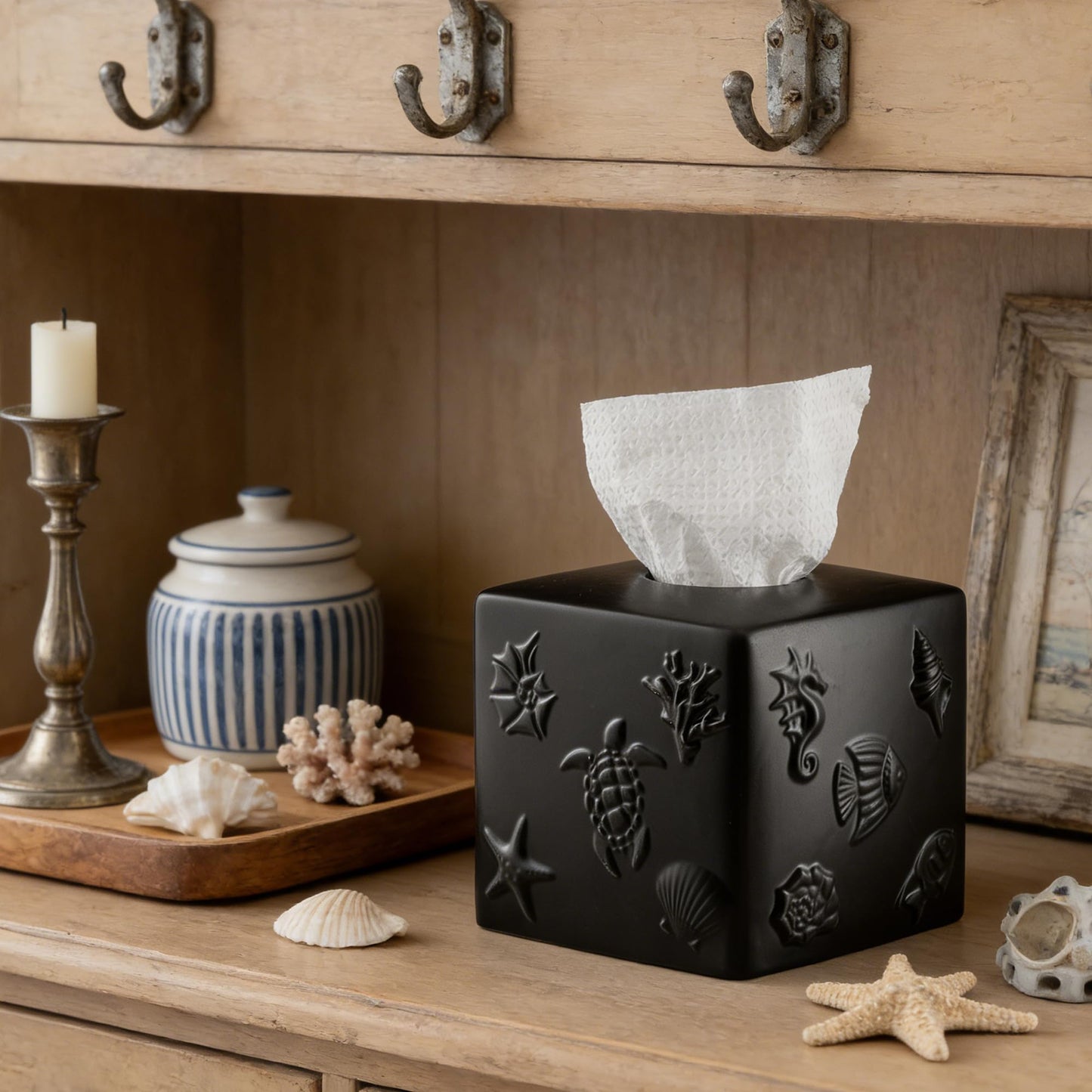 Black Ceramic Sea World Tissue Box Cover, Carved Marine Life Large Square Tissue Box Holder Decorative for Bathroom, Vanity, Kitchen Countertop, Bedroom Night Stands, Office Desk Top